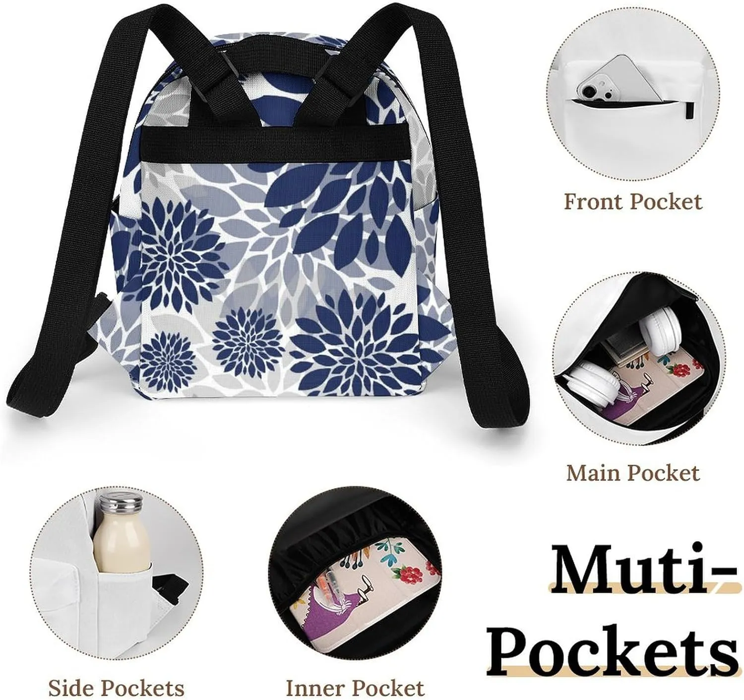 Navy Blue Gray Flower Pattern Casual Women's Backpack, Lightweight, Waterproof, Versatile Daily Bag