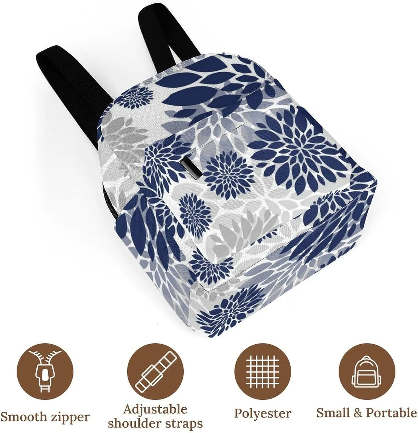 Navy Blue Gray Flower Pattern Casual Women's Backpack, Lightweight, Waterproof, Versatile Daily Bag