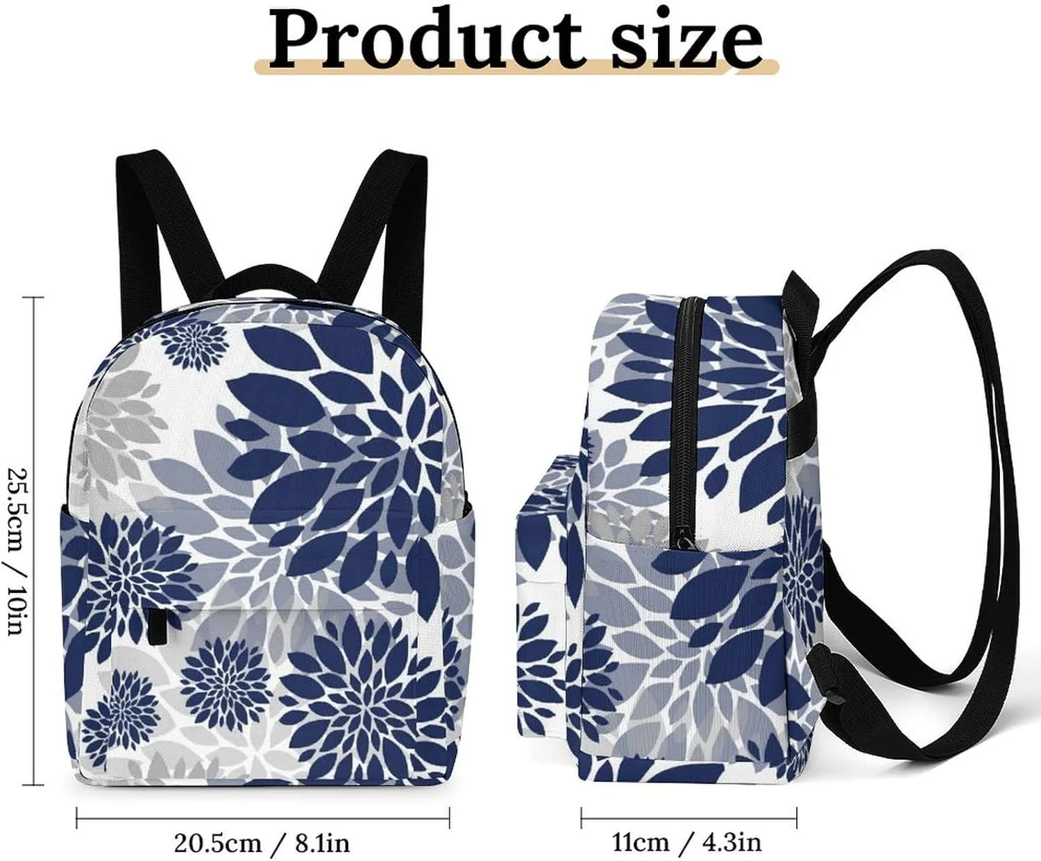 Navy Blue Gray Flower Pattern Casual Women's Backpack, Lightweight, Waterproof, Versatile Daily Bag