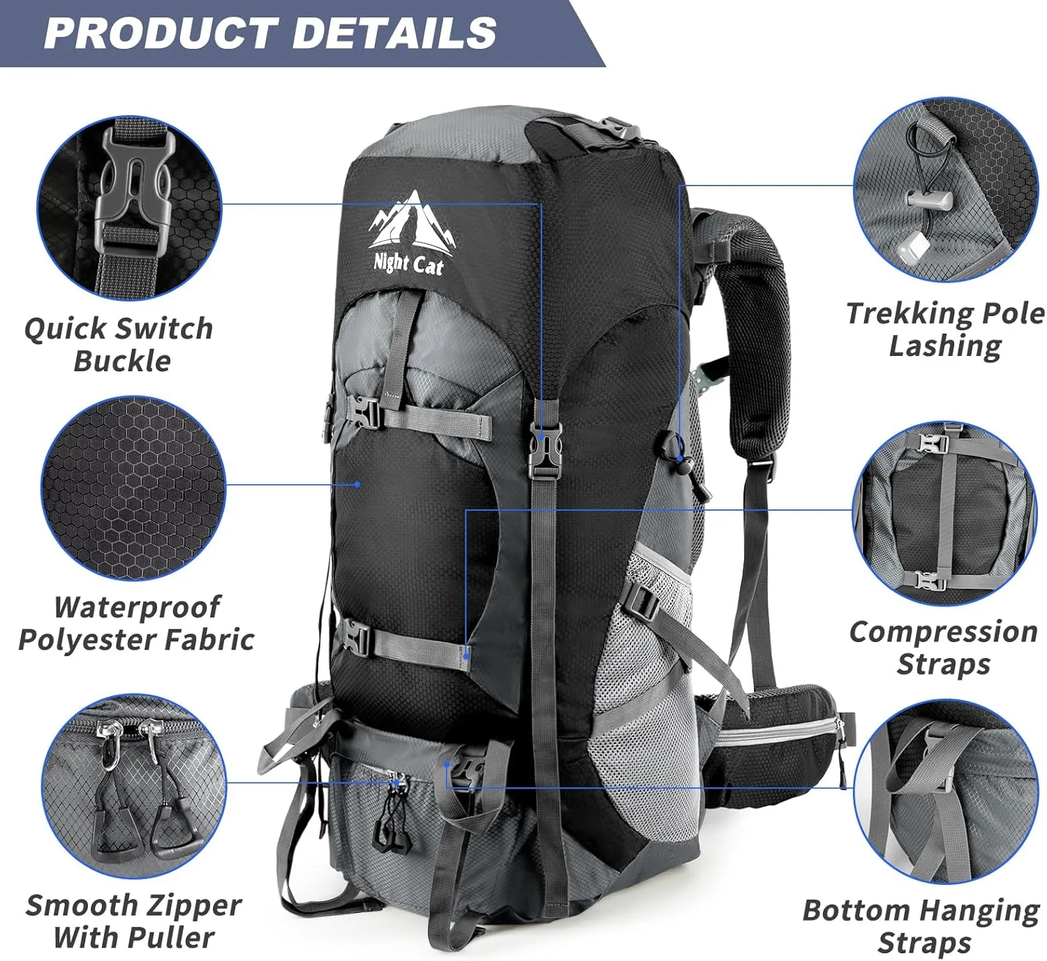 Night Cat Hiking Backpacks 90L Camping Backpacking Packs for Men Women Lightweight Outdoor for Mountaineering Traveling, No Internal Frame