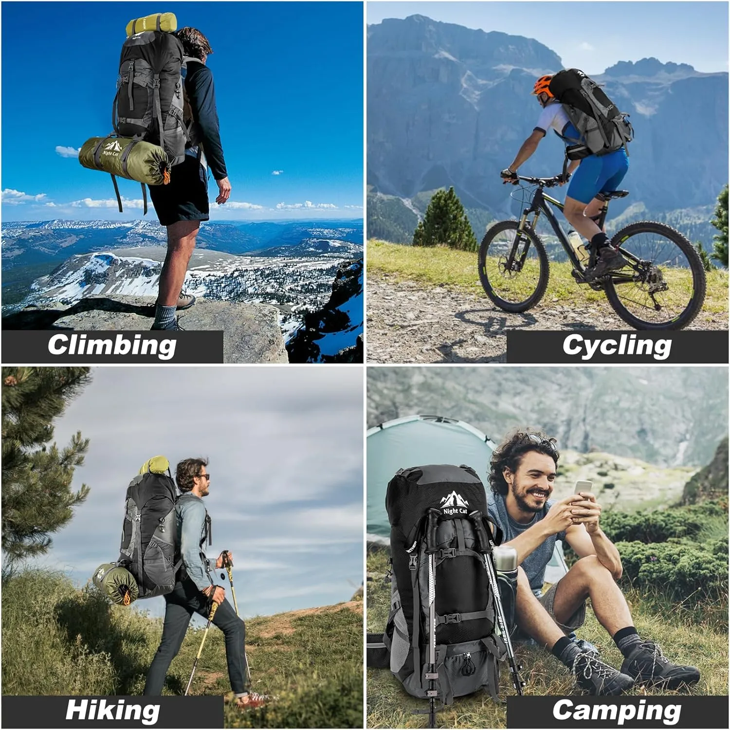 Night Cat Hiking Backpacks 90L Camping Backpacking Packs for Men Women Lightweight Outdoor for Mountaineering Traveling, No Internal Frame