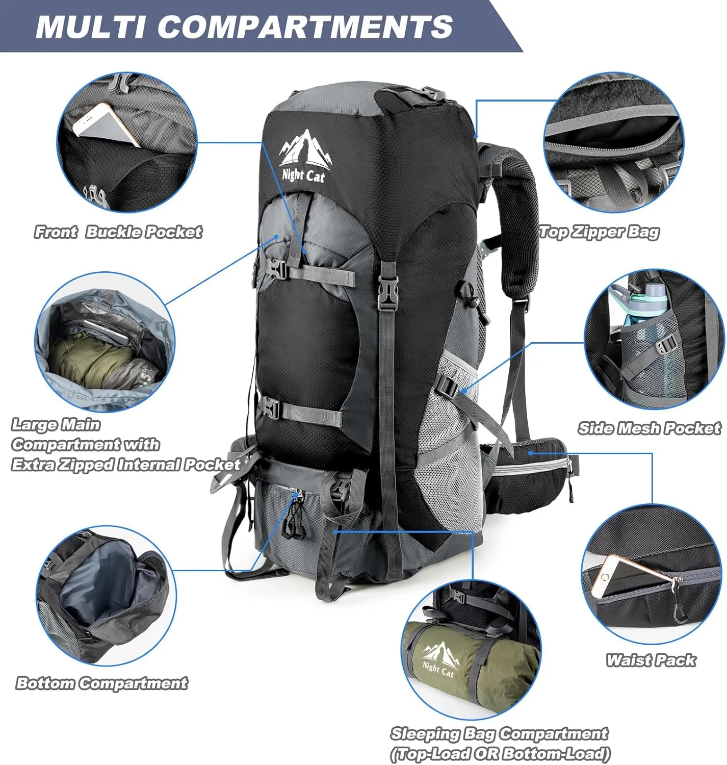 Night Cat Hiking Backpacks 90L Camping Backpacking Packs for Men Women Lightweight Outdoor for Mountaineering Traveling, No Internal Frame