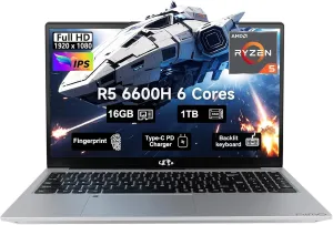 NIMO 15.6 FHD-Business-Gaming-Laptop, 6-Cores 660M GPU, AMD Ryzen 5 6600H 16GB DDR5 1TB SSD (Beat i5-12450H, Up to 4.5GHz) IPS Laptop Computer with 100W Type C Fingerprint Backlit Keyboard