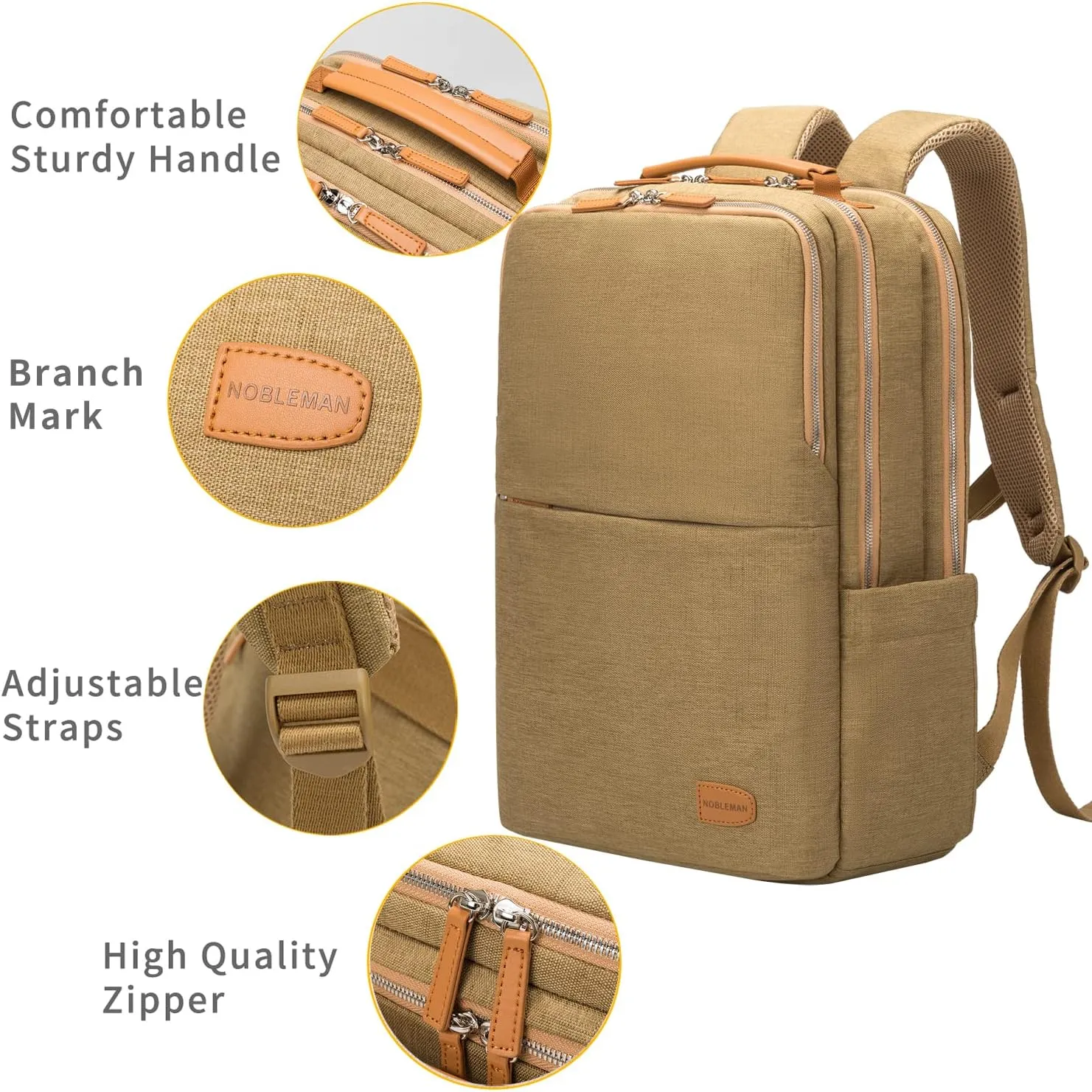NOBLEMAN Large Laptop Backpack, Modern Water Resistent Travel Business Computer Backpacks with Multi-Compartment Pockets, Fits15.6 Inch Laptop Backpack with USB Charging Port Men Women(Khaki Plus