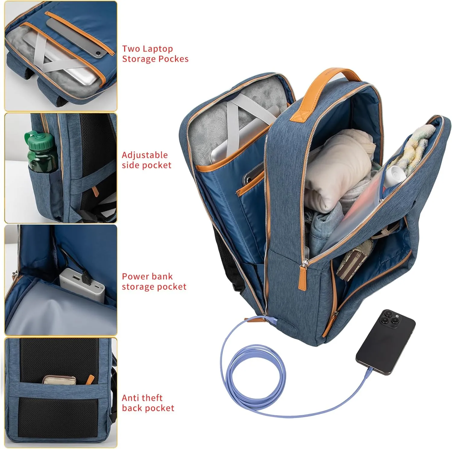 NOBLEMAN Travel Laptop Backpack Women Men, Luxury Durable Water Resistant Anti Theft College Backpack with USB Charging Port, Multi-Compartment Work Backpack for Business Fits 17 Inch Laptop (Blue)
