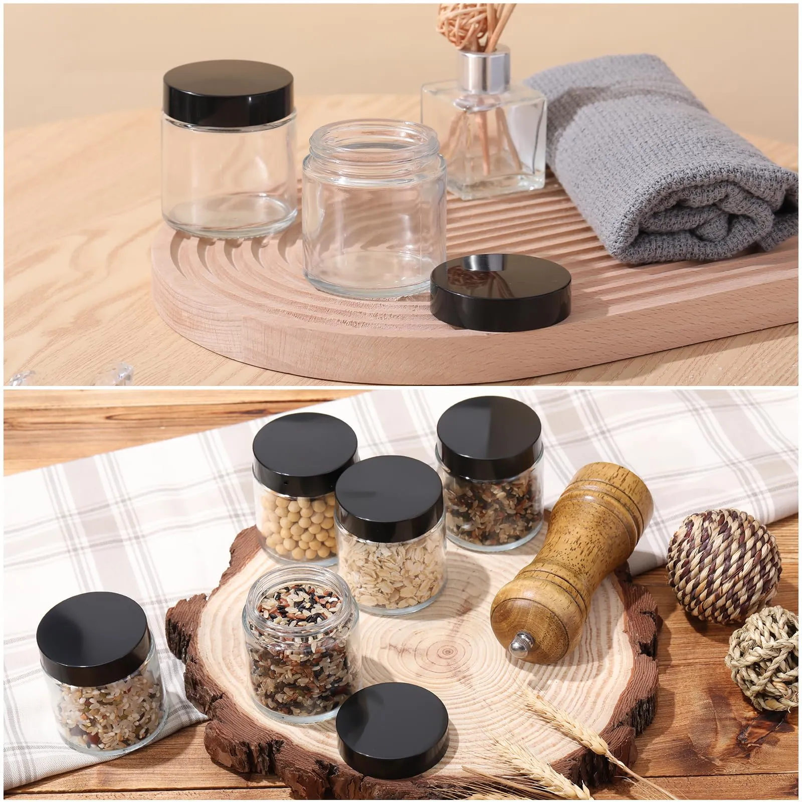 Norme 24 Pcs 4 oz Glass Jars with Lids Leakproof Round Airtight Empty Cosmetic Jars with Inner Liners Lid for Storing Lotions Powder Ointments Candle Making (Black,Clear)