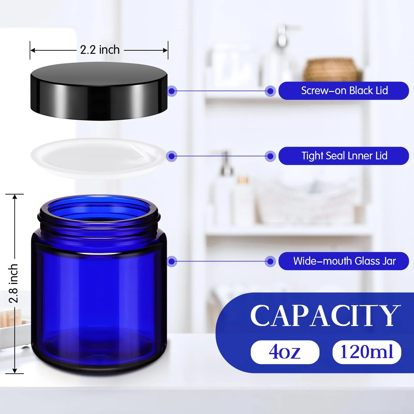 Norme 24 Pcs 4 oz Glass Jars with Lids Leakproof Round Airtight Empty Cosmetic Jars with Inner Liners Lid for Storing Lotions Powder Ointments Candle Making (Blue,Black)