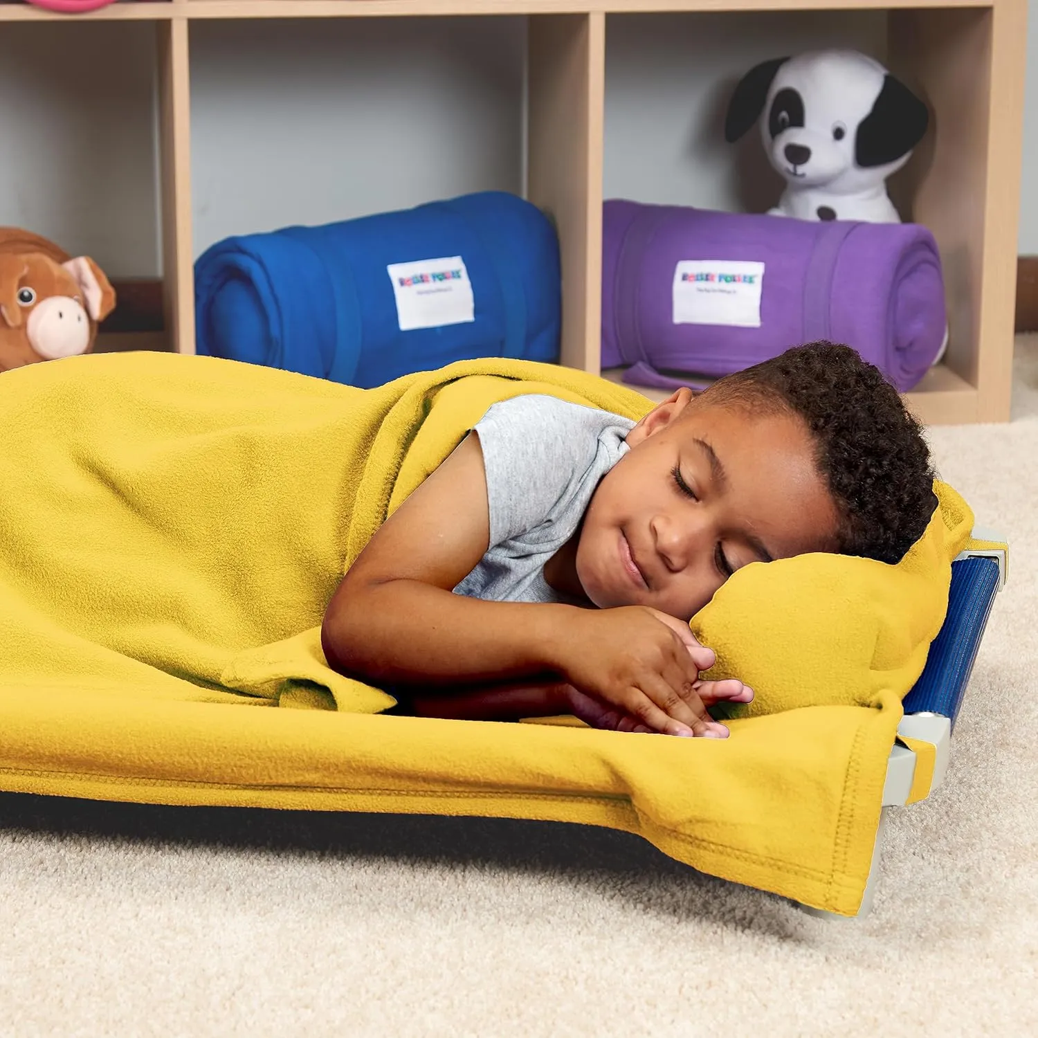 Northwest Rollee Pollee Nap Sac Roll-Up Toddler Blanket with Attached Pillow – Soft Fleece Preschool Nap Mat for Daycare or Travel – Machine Washable – Yellow