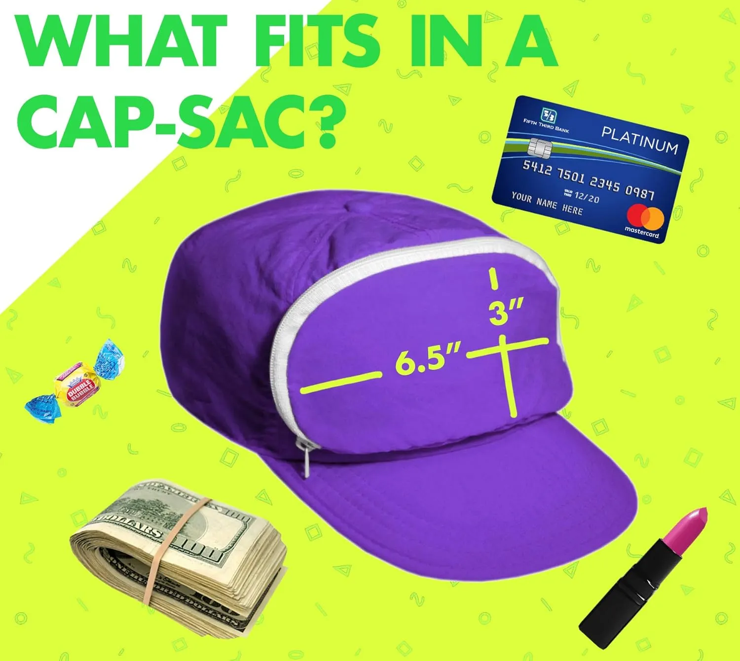 Nylon Cap with Zipper Pocket/Adjustable Closure. Purple. One Size.