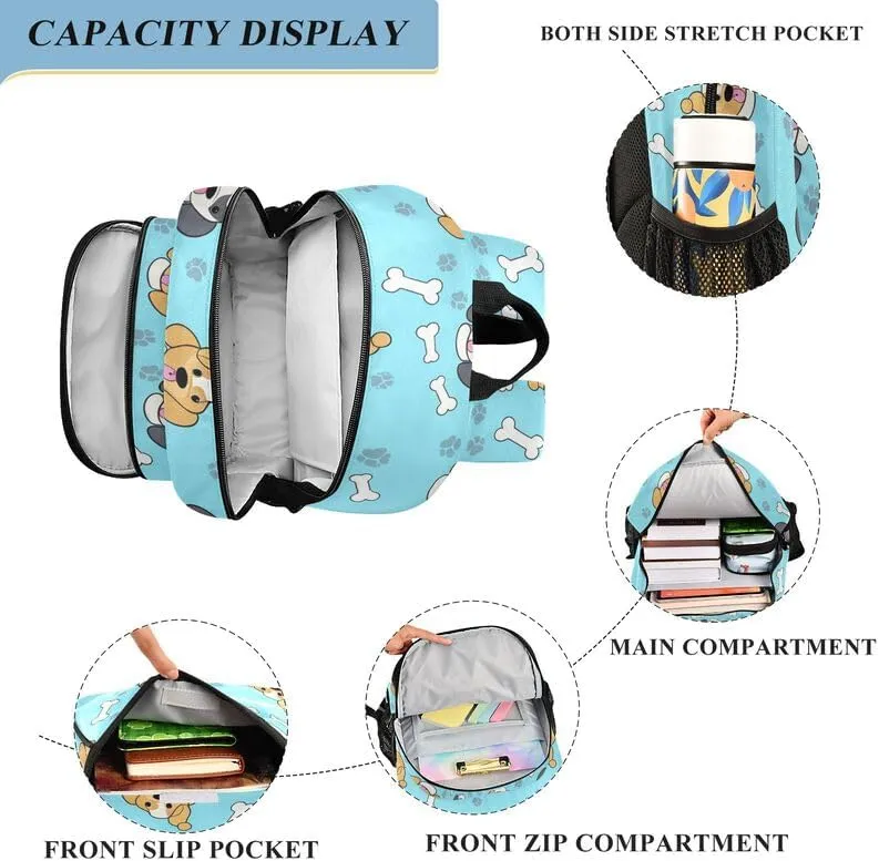 ODAWA Cute Dogs Bones Light Blue Girls School Backpacks Sturdy Durable Travel Gifts Presents Kids Backpack Ages 6-12
