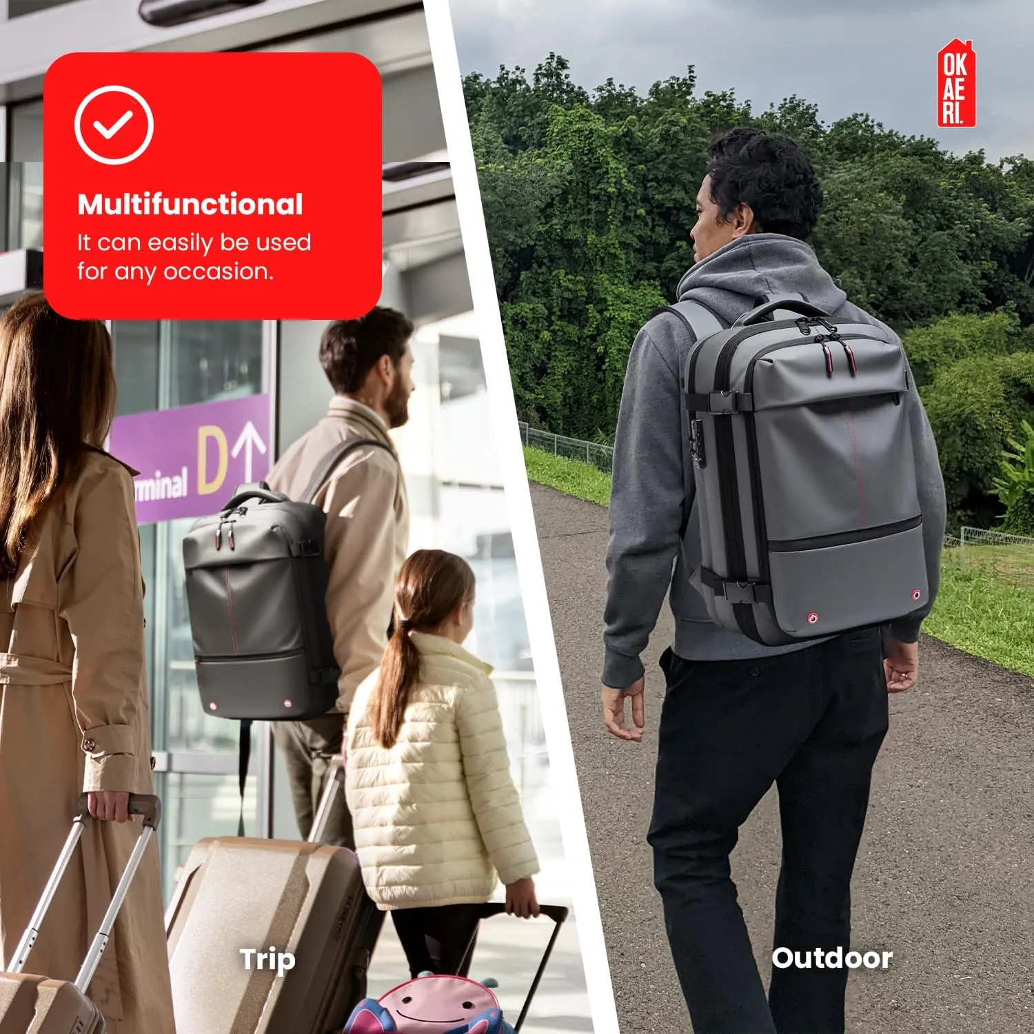 OKAERI. Extra Large Vacuum Travel Backpack Expandable System 60L Luggage Waterproof Airback Personal Item Carry on Backpacks Flight Approved Compression bags Daypack Laptop Casual Women Men   Gift