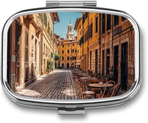 Old Courtyard Cafe Chair City, Rome, Italy Travel Pill Organizer A Daily Pill Box for Supplements 2 Compartment Pill Case Convenient for Carrying and Storing Medicines Box