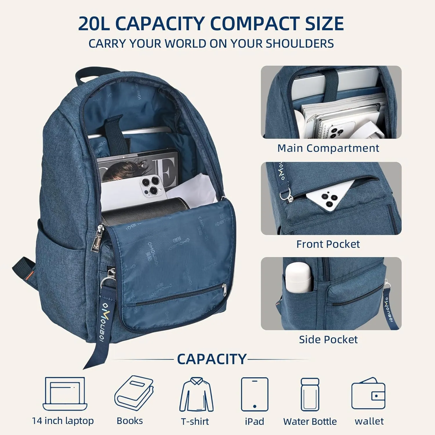 OMOUBOI Casual Daypacks Superbreak Backpack 14 inch Laptop Backpack for Women & Men Fits Tourism Business (Blue)