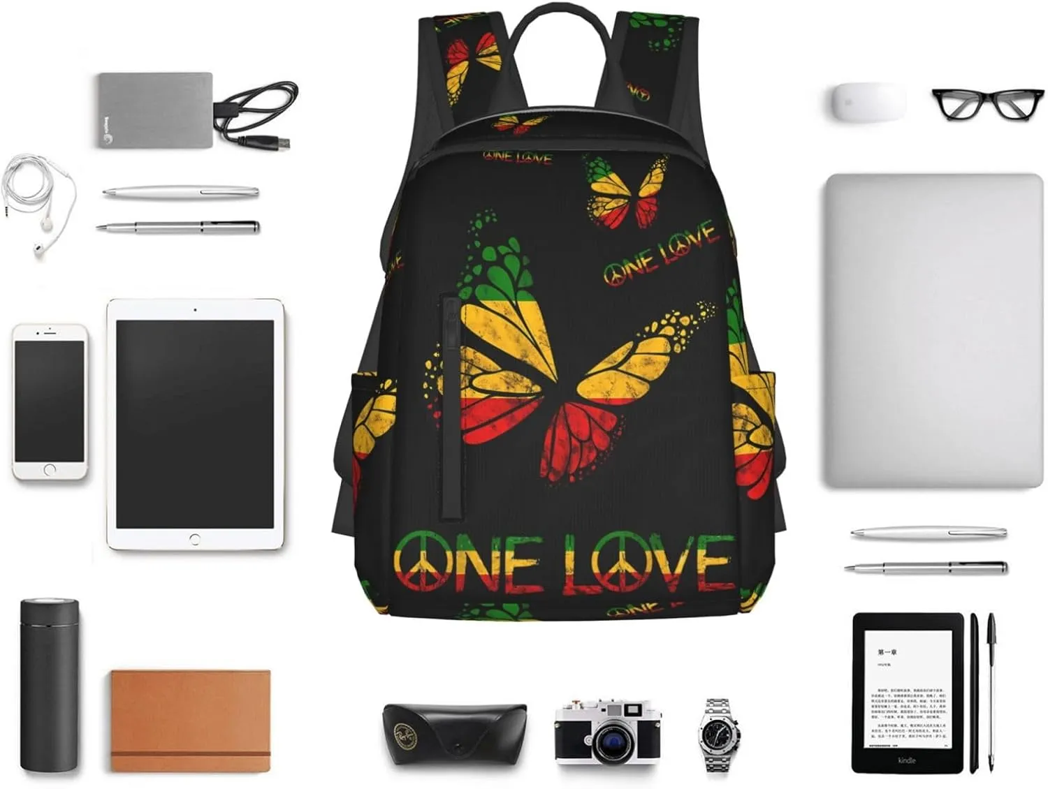 One Loves Butterfly Rasta Reggae Peace Rastafari Roots Casual Backpacks Laptop Backpack Outdoor Travel Rucksack Sport Carry-On Daypack Lightweight Bag with Multi-Pockets