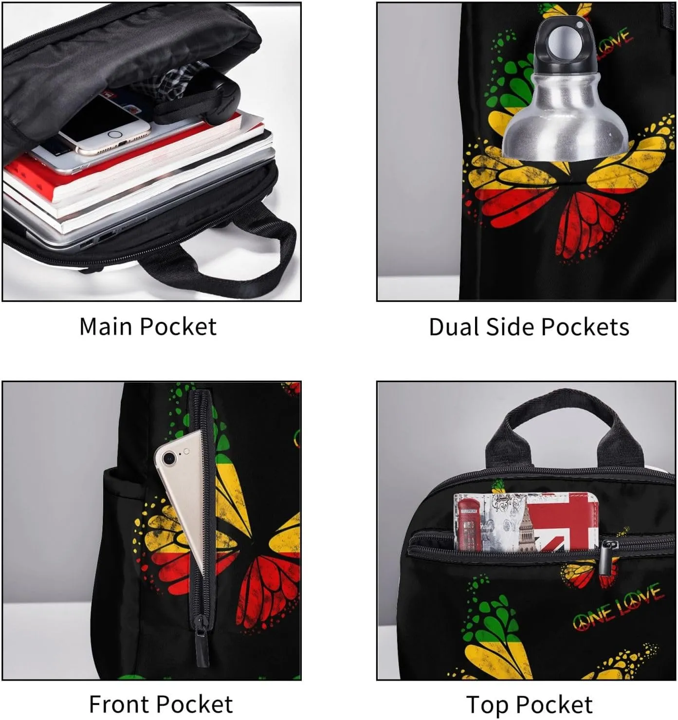 One Loves Butterfly Rasta Reggae Peace Rastafari Roots Casual Backpacks Laptop Backpack Outdoor Travel Rucksack Sport Carry-On Daypack Lightweight Bag with Multi-Pockets