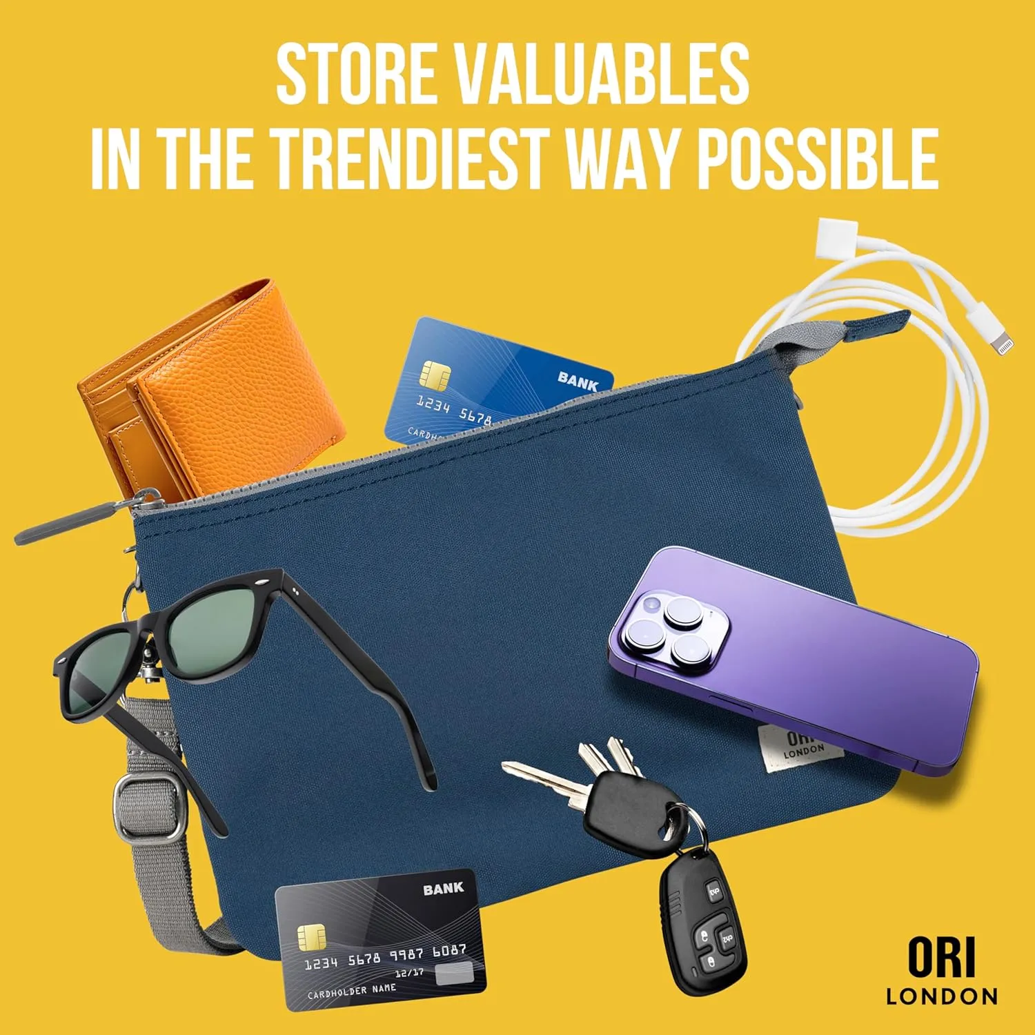 ORI LONDON Crossbody Bag - XL Slim, Chunky Zip, Removable & Adjustable Strap, & 3 Compartments - Carnaby