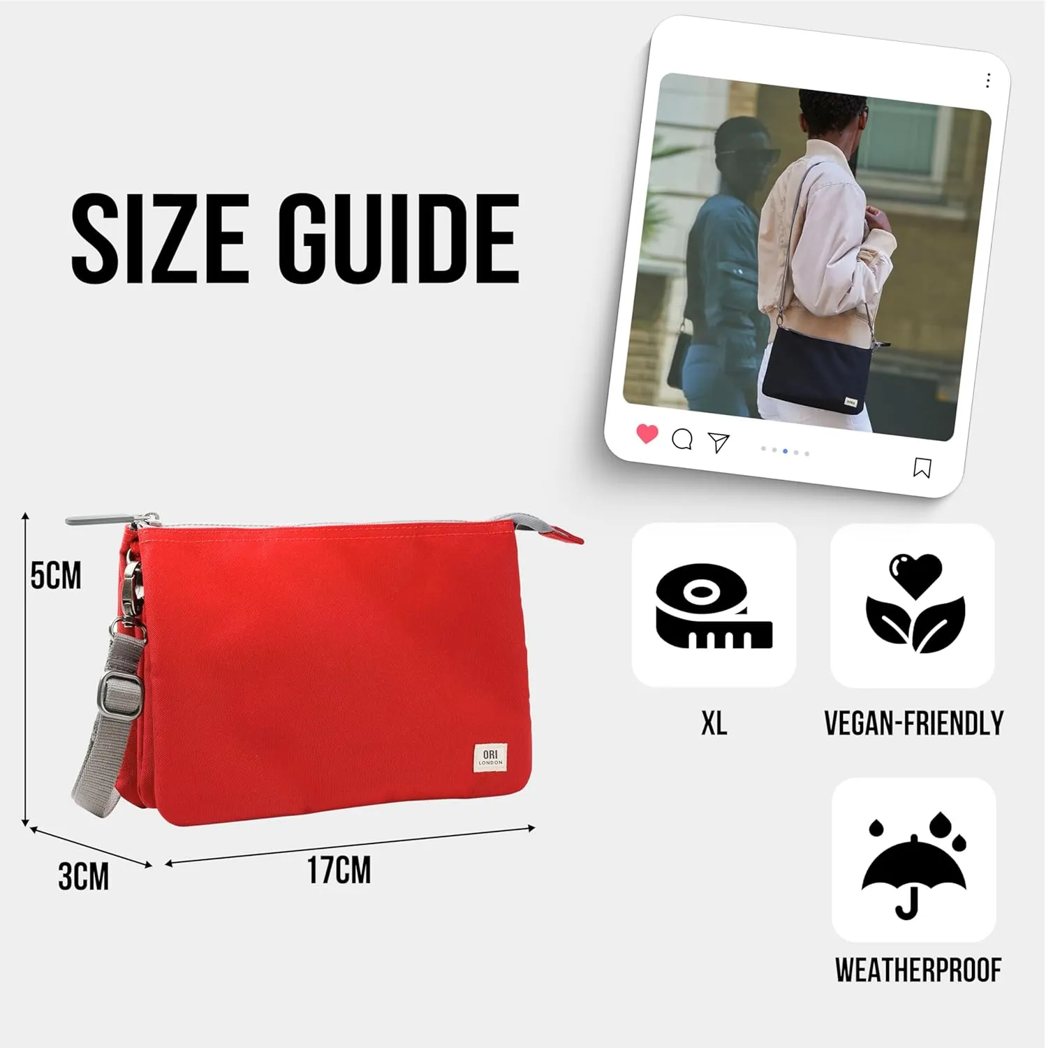 ORI LONDON Crossbody Bag - XL Slim, Chunky Zip, Removable & Adjustable Strap, & 3 Compartments - Carnaby