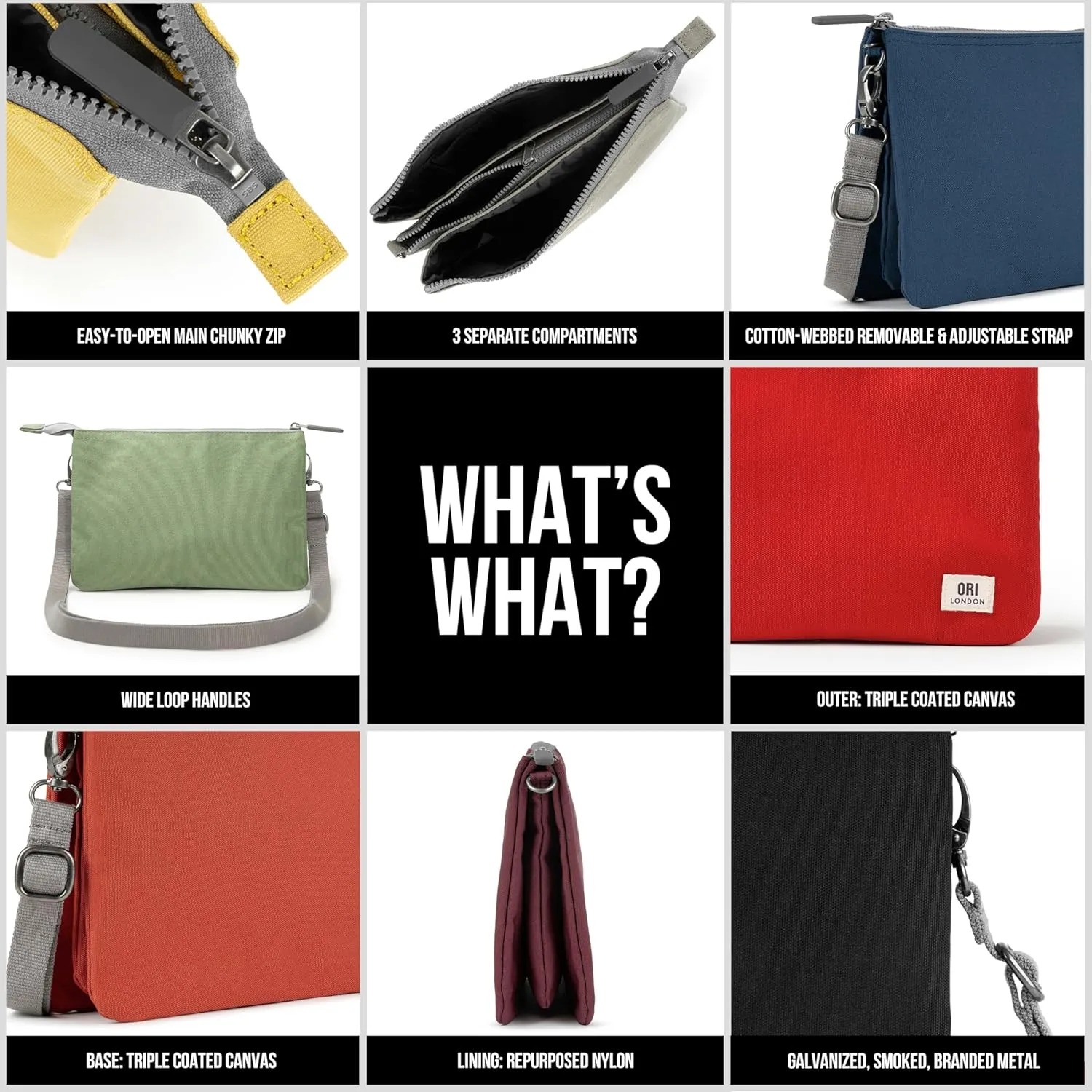 ORI LONDON Crossbody Bag - XL Slim, Chunky Zip, Removable & Adjustable Strap, & 3 Compartments - Carnaby