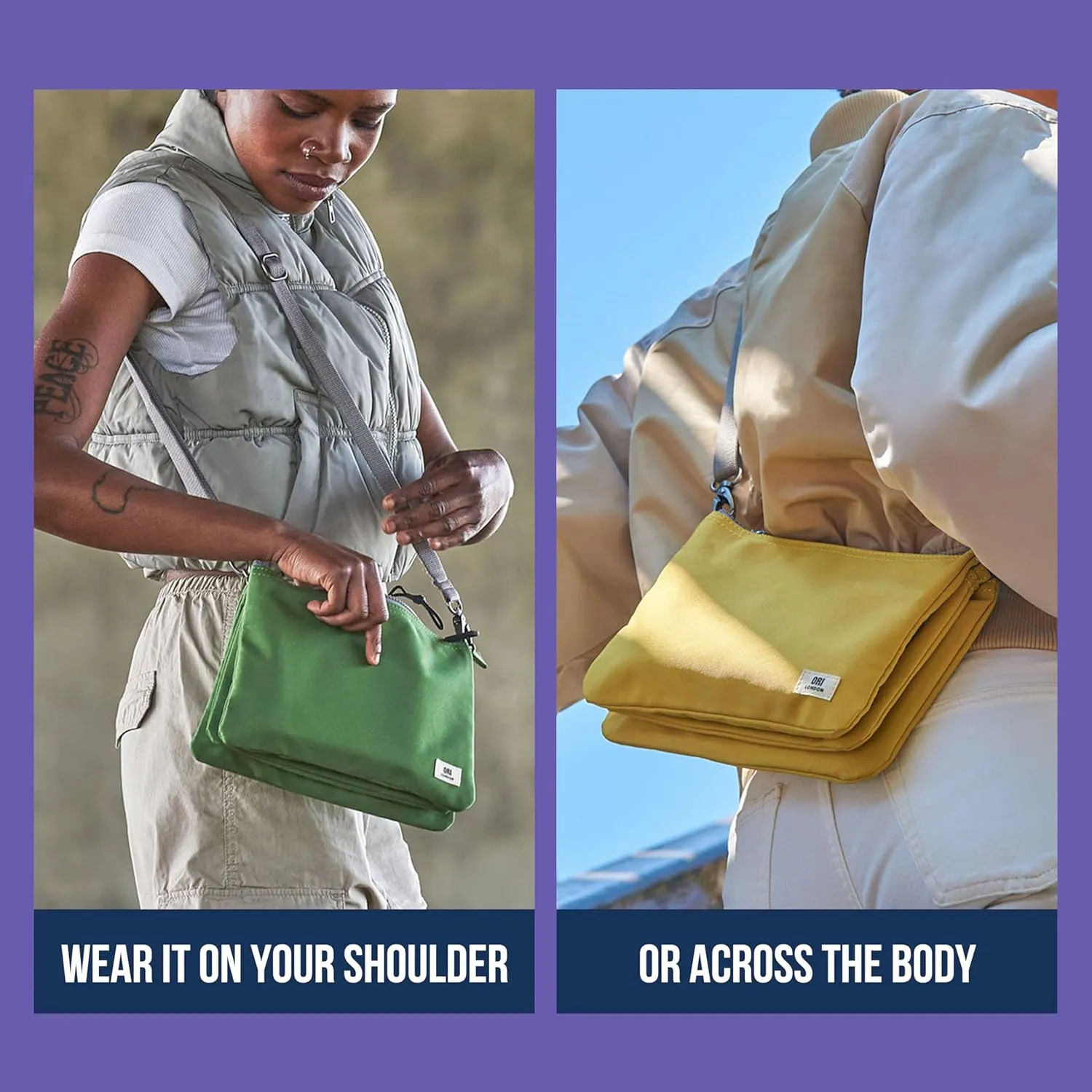 ORI LONDON Crossbody Bag - XL Slim, Chunky Zip, Removable & Adjustable Strap, & 3 Compartments - Carnaby