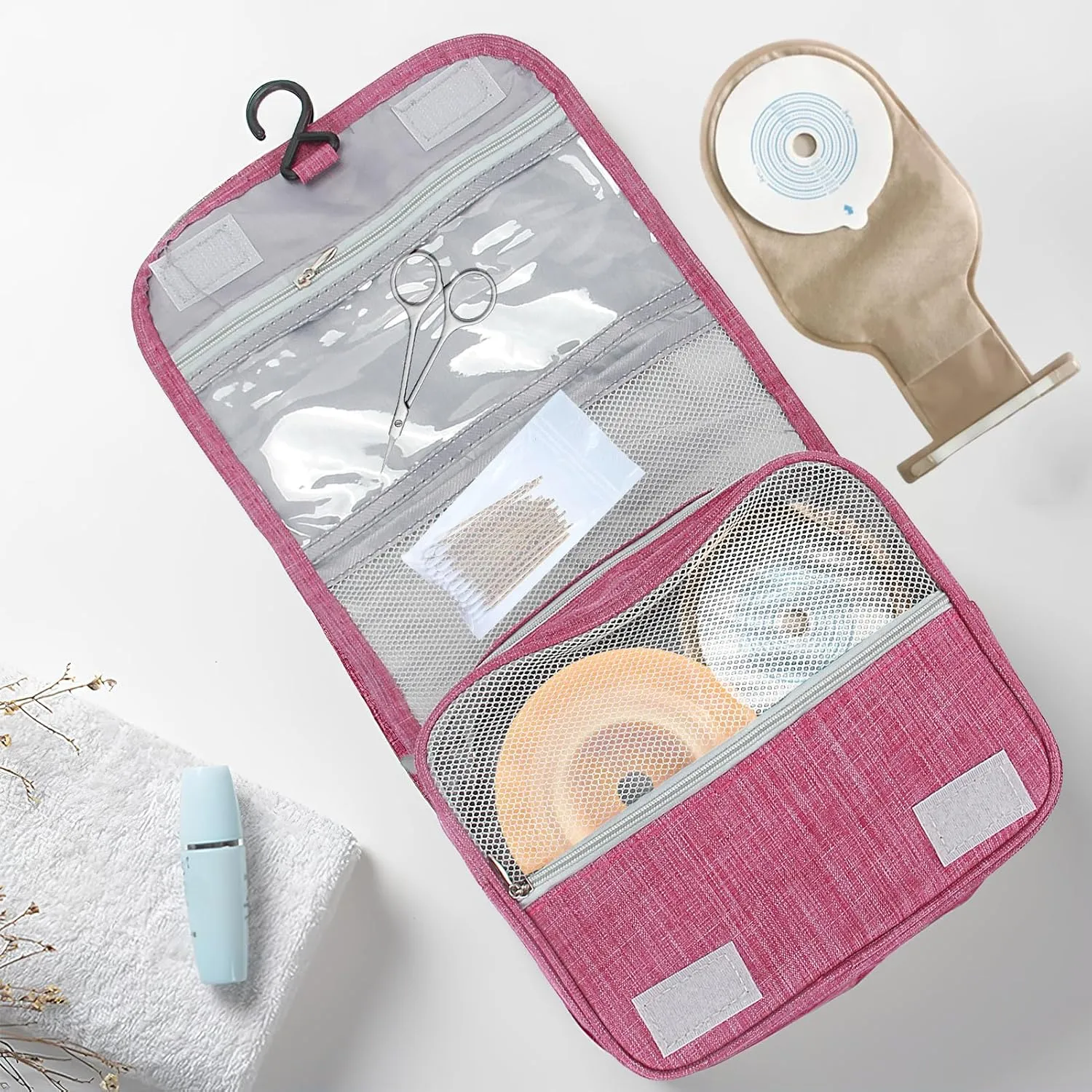 Ostomy Travel Bag - Hanging Ostomy Supplies Bag for Colostomy, Ileostomy, Foley Catheter, Medical Supplies Organizer (Rose Red)