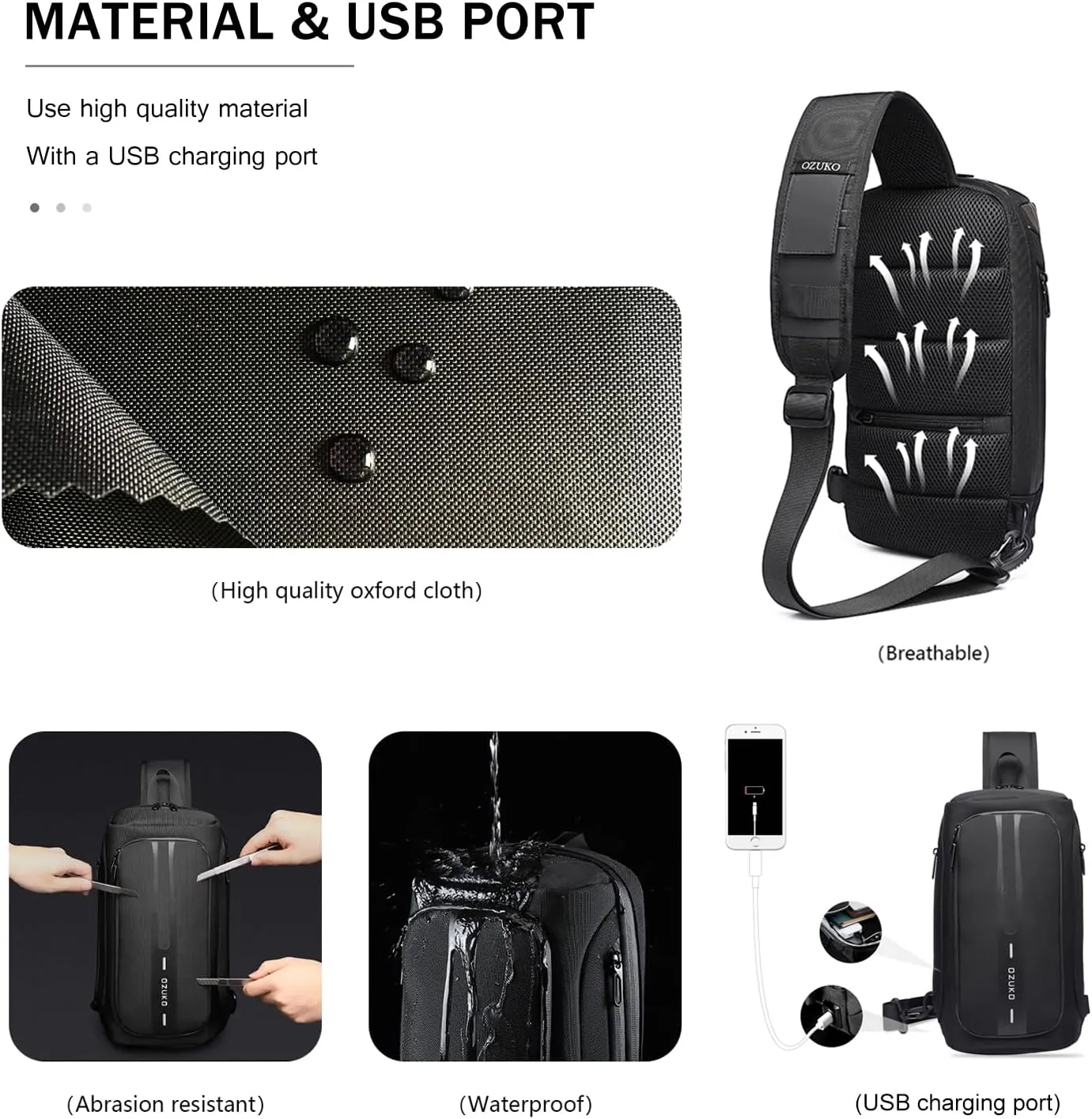 OZUKO Anti Theft Crossbody Sling Bag,Large Waterproof Shoulder Chest Bag Backpack with USB Charging Lightweight Casual Backpacks (Grey)