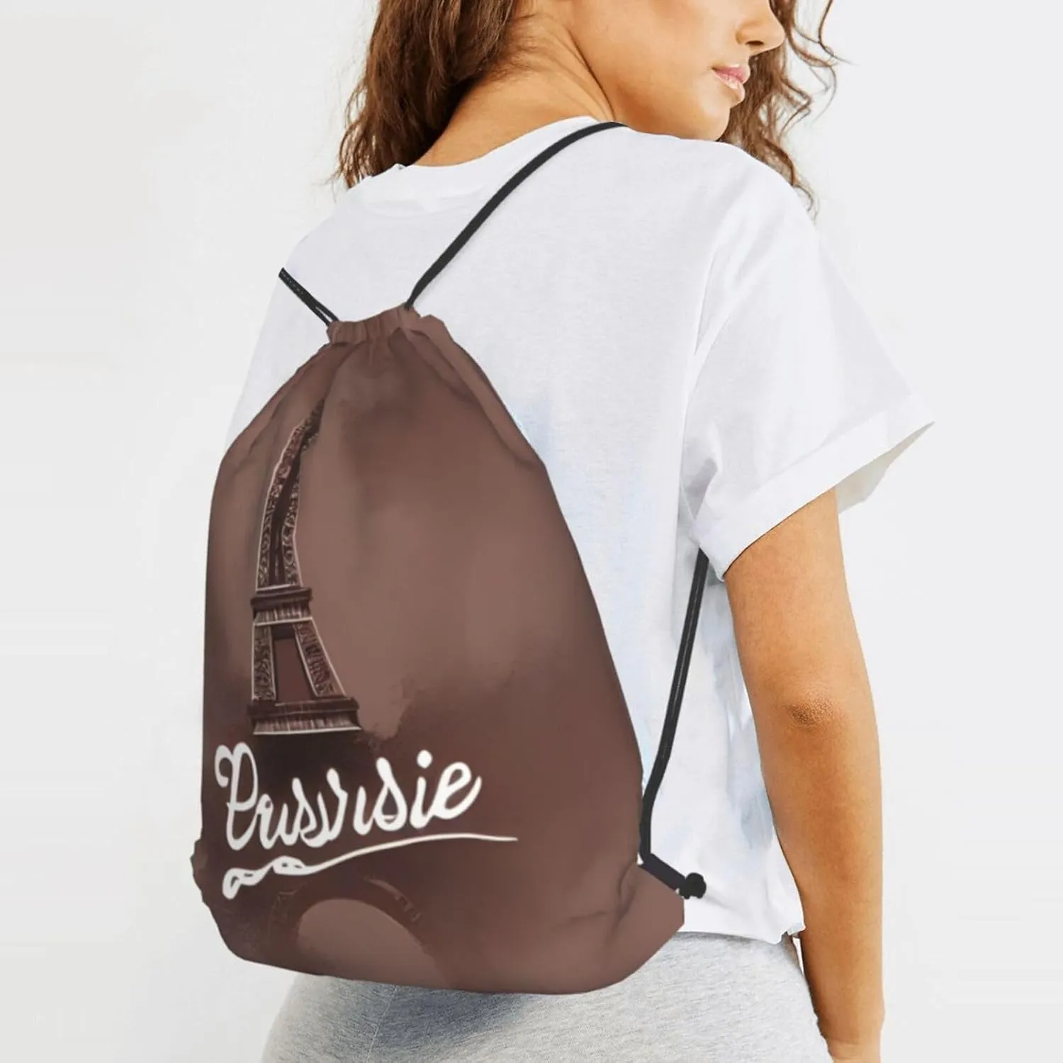 Parisian Coffee Eiffel Tower Drawstring Backpacks Polyester Bag For Yoga Meditation Fitness