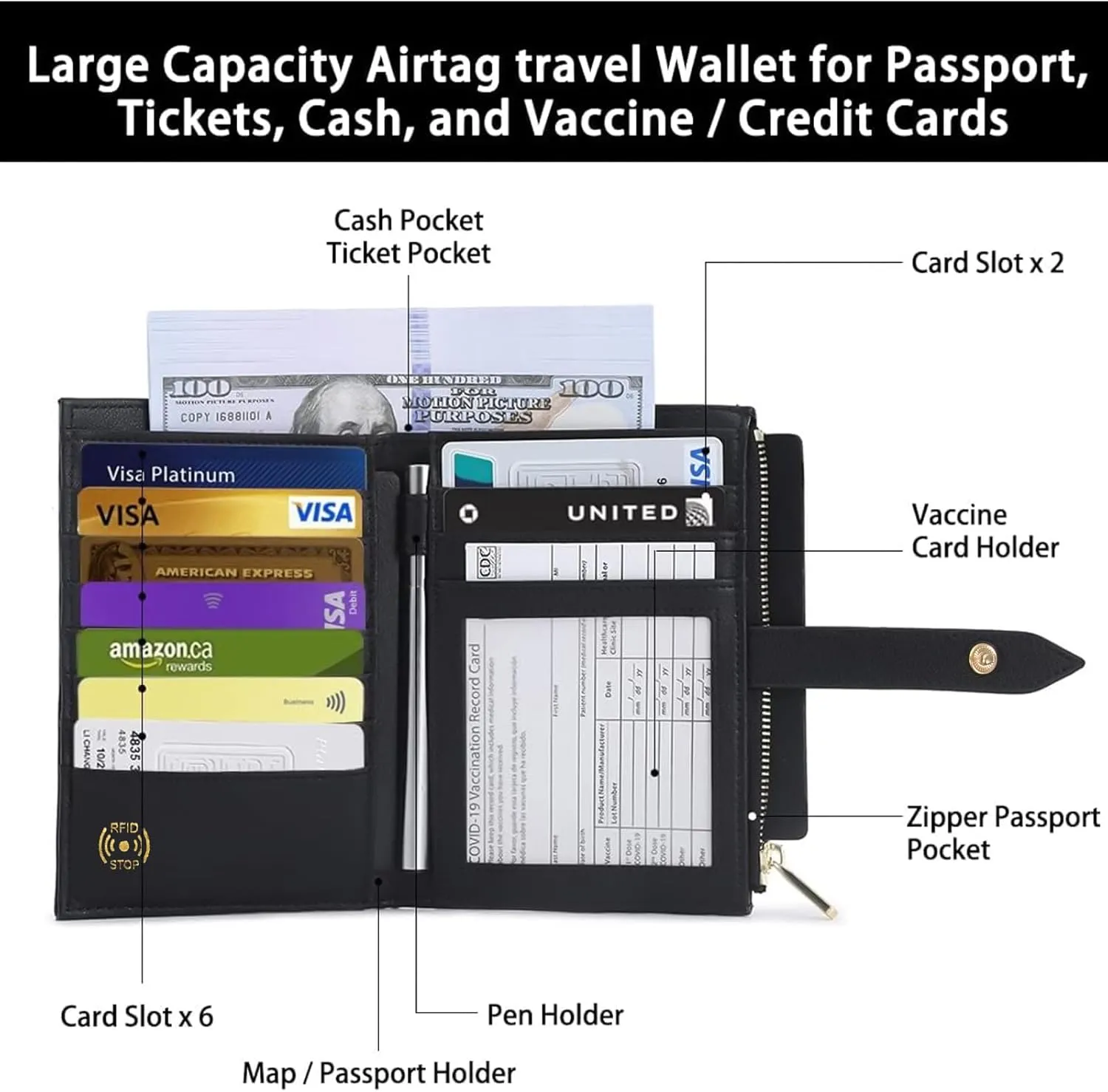 Passport Wallet for Women, RFID Leather Passport & Vaccine Card Holder Combo, Slim Travel Passport Holder with Credit Card Holder, Lightweight Bifold Passport Case Organizer with Zipper Pocket
