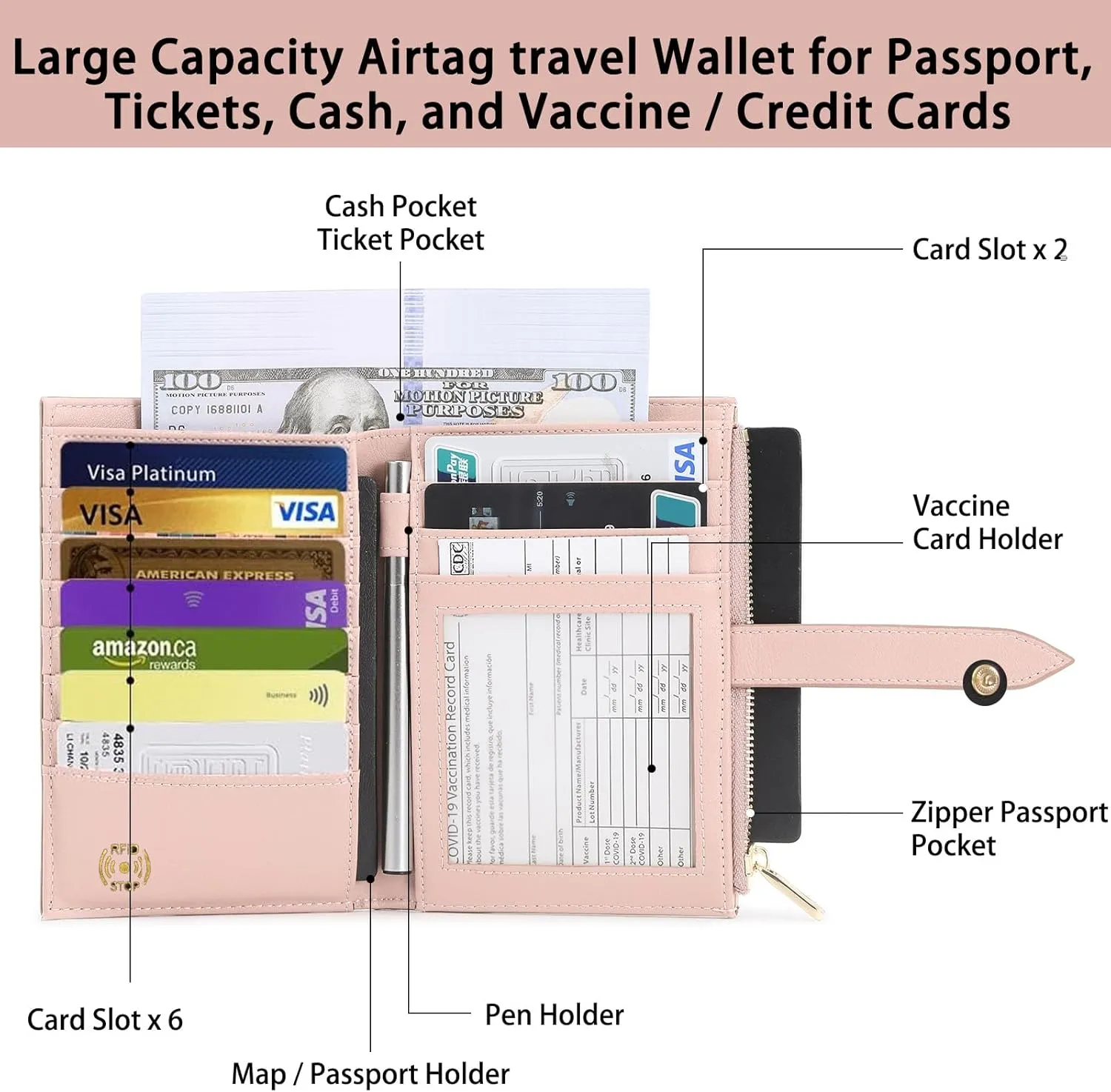 Passport Wallet for Women, RFID Leather Passport & Vaccine Card Holder Combo, Slim Travel Passport Holder with Credit Card Holder, Lightweight Bifold Passport Case Organizer with Zipper Pocket