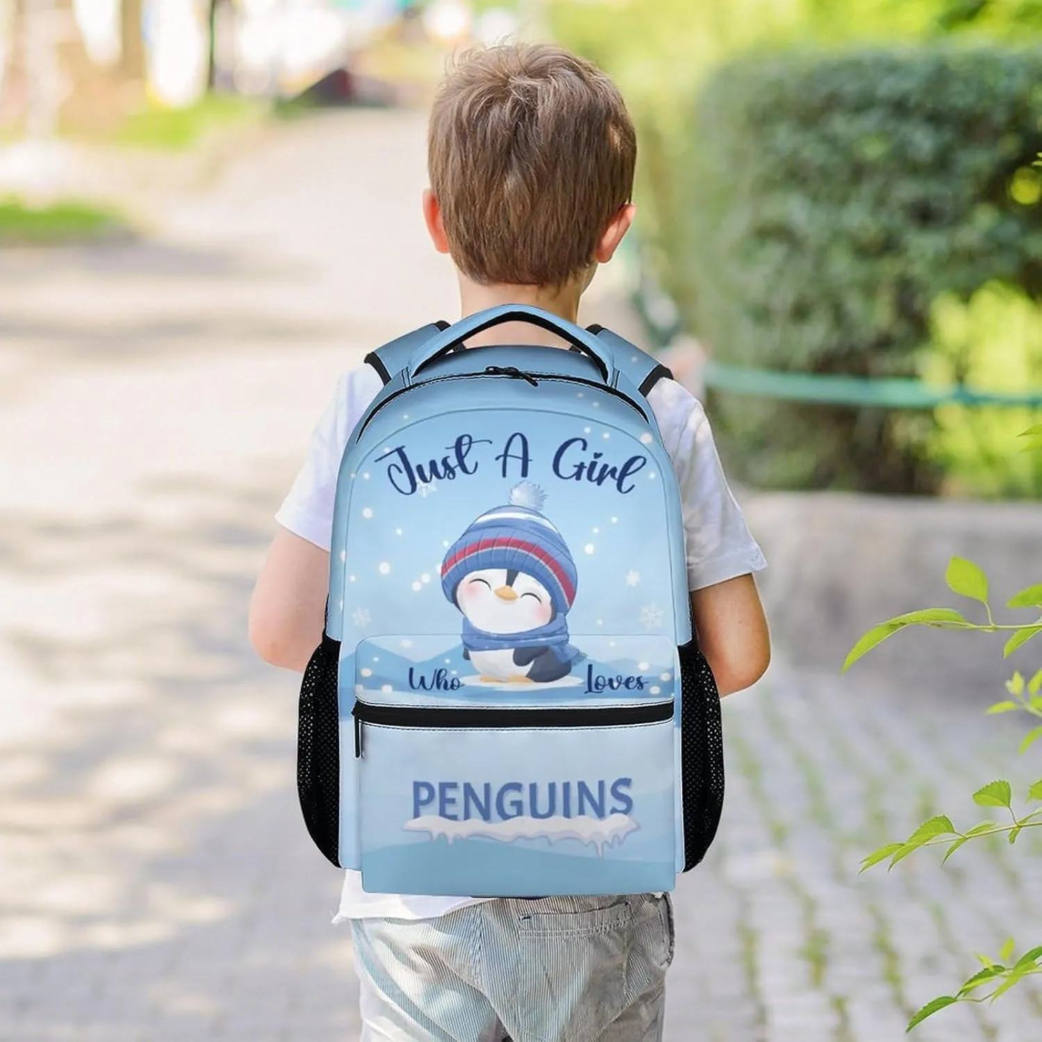 Penguin Backpacks for Girls, 16 Inch Cute Backpack for School, Blue, Large Capacity, Durable, Lightweight Bookbag for Boys Travel