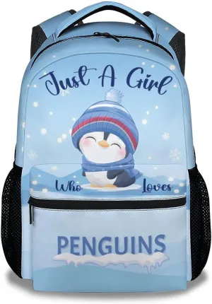 Penguin Backpacks for Girls, 16 Inch Cute Backpack for School, Blue, Large Capacity, Durable, Lightweight Bookbag for Boys Travel