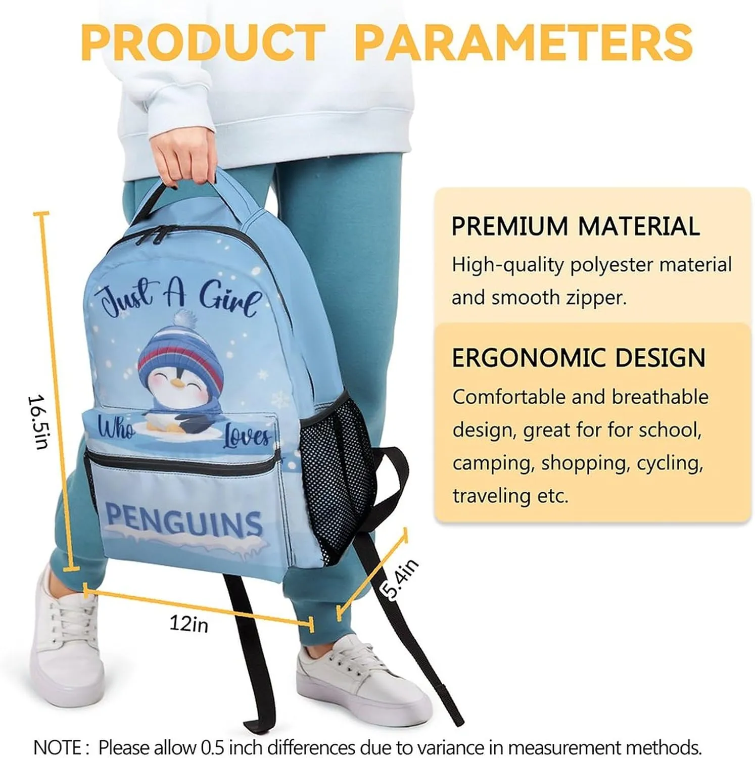 Penguin Backpacks for Girls, 16 Inch Cute Backpack for School, Blue, Large Capacity, Durable, Lightweight Bookbag for Boys Travel