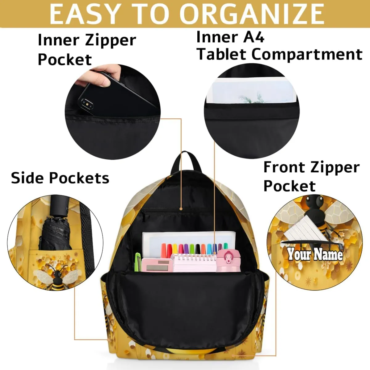 Personalized Bumblebee Preschool Toddler Backpack for Boys Girls Custom Kids Name Small Bookbags Kindergarten Elementary Backpack, Yellow Bee