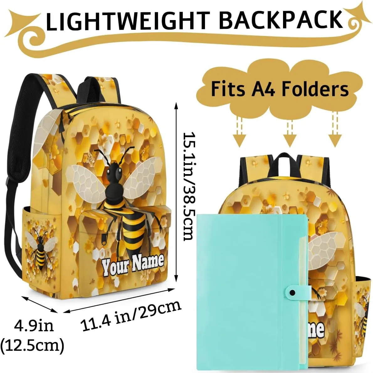 Personalized Bumblebee Preschool Toddler Backpack for Boys Girls Custom Kids Name Small Bookbags Kindergarten Elementary Backpack, Yellow Bee