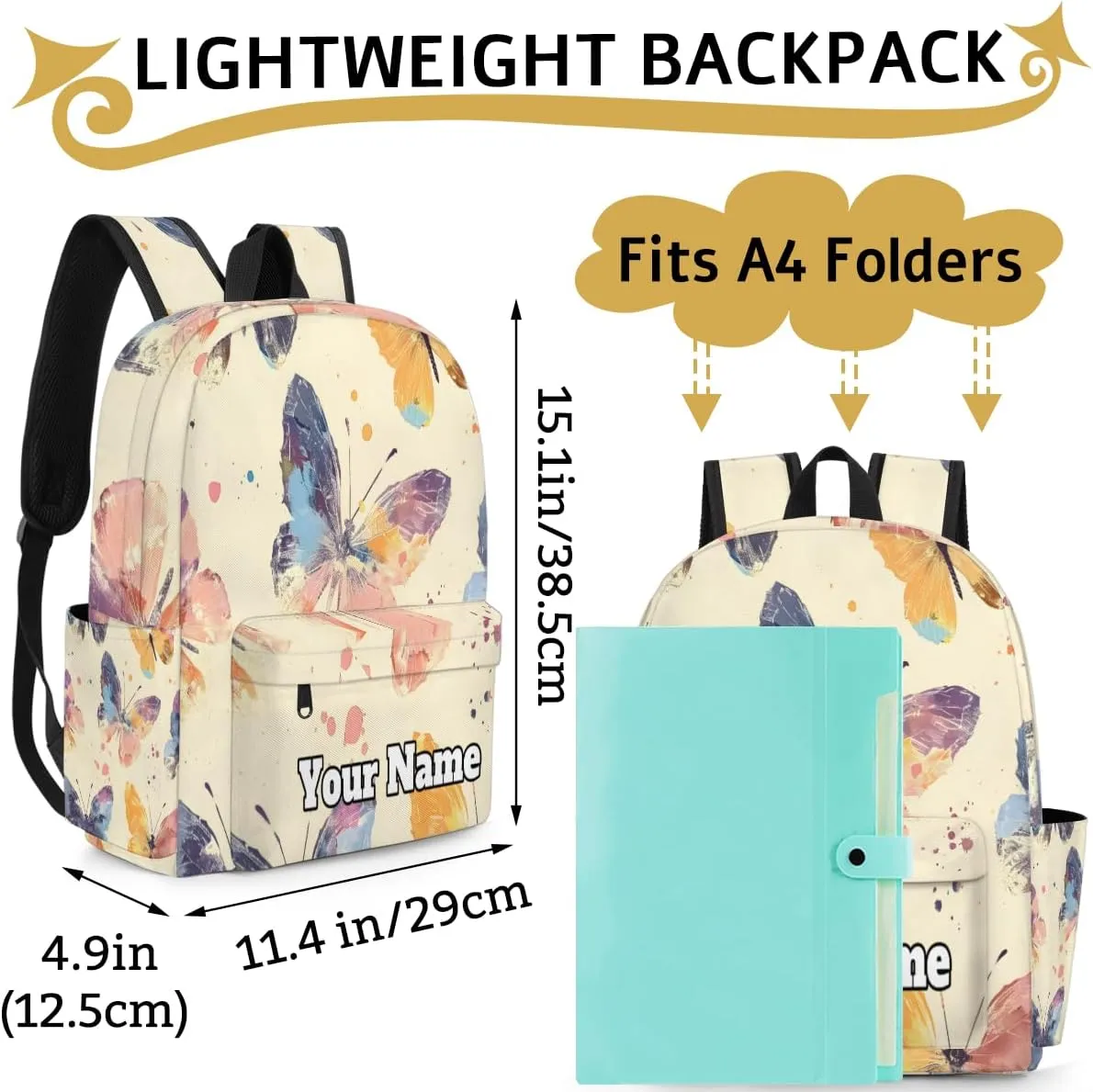Personalized Butterflies Preschool Toddler Backpack for Boys Girls Custom Kids Name Small Bookbags Kindergarten Elementary Backpack, Watercolor Butterfly