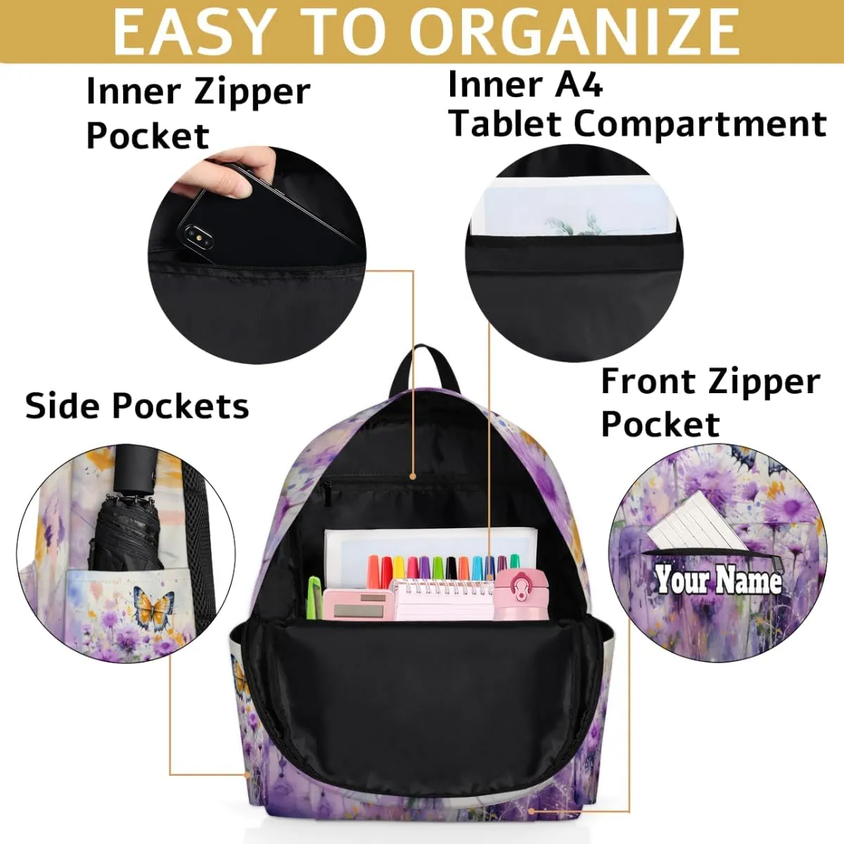 Personalized Butterfly Preschool Toddler Backpack for Boys Girls Custom Kids Name Small Bookbags Kindergarten Elementary Backpack, Purple Flowers