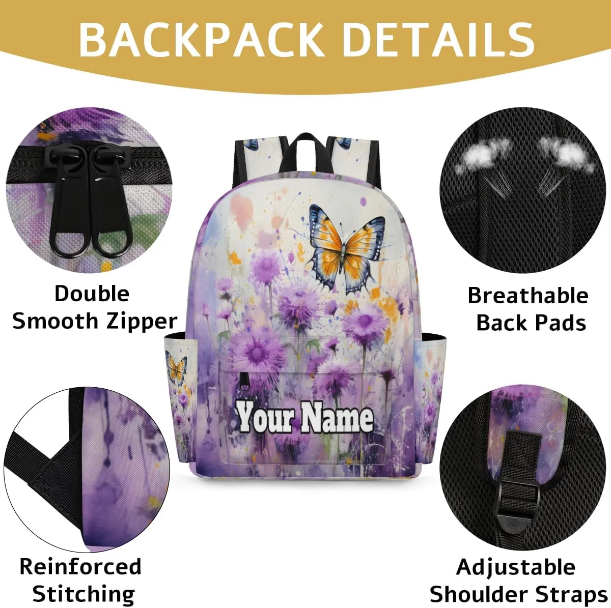 Personalized Butterfly Preschool Toddler Backpack for Boys Girls Custom Kids Name Small Bookbags Kindergarten Elementary Backpack, Purple Flowers