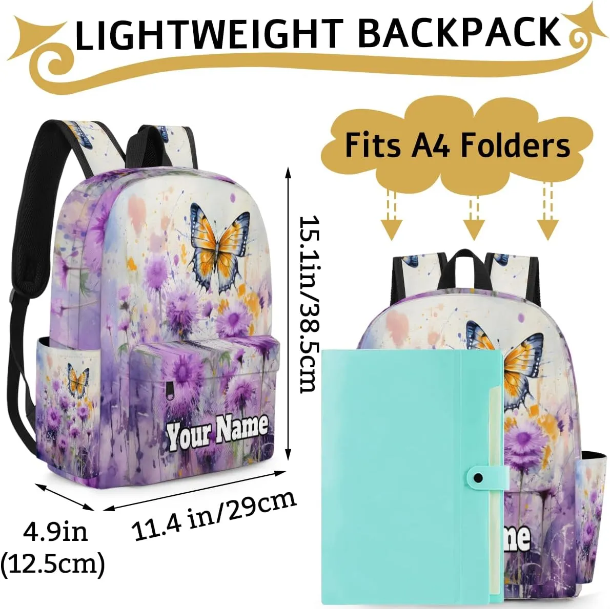 Personalized Butterfly Preschool Toddler Backpack for Boys Girls Custom Kids Name Small Bookbags Kindergarten Elementary Backpack, Purple Flowers