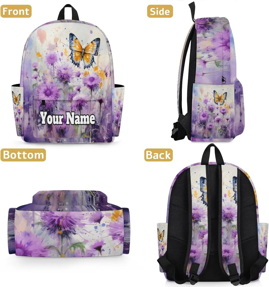 Personalized Butterfly Preschool Toddler Backpack for Boys Girls Custom Kids Name Small Bookbags Kindergarten Elementary Backpack, Purple Flowers