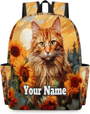 Personalized Cat Preschool Toddler Backpack for Boys Girls Custom Kids Name Small Bookbags Kindergarten Elementary Backpack, Cat Sunflower