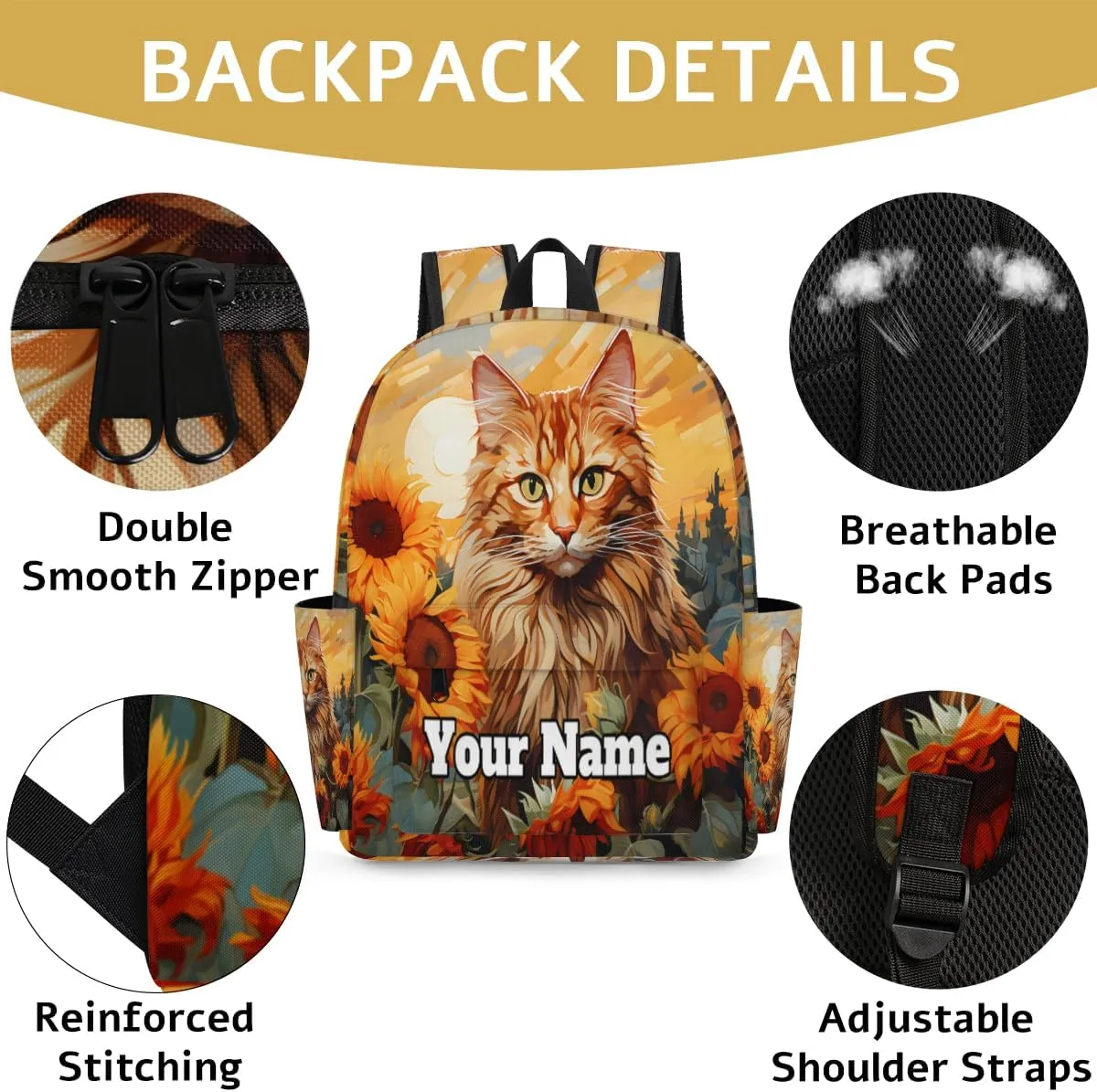Personalized Cat Preschool Toddler Backpack for Boys Girls Custom Kids Name Small Bookbags Kindergarten Elementary Backpack, Cat Sunflower