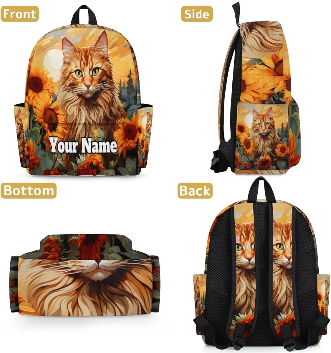 Personalized Cat Preschool Toddler Backpack for Boys Girls Custom Kids Name Small Bookbags Kindergarten Elementary Backpack, Cat Sunflower