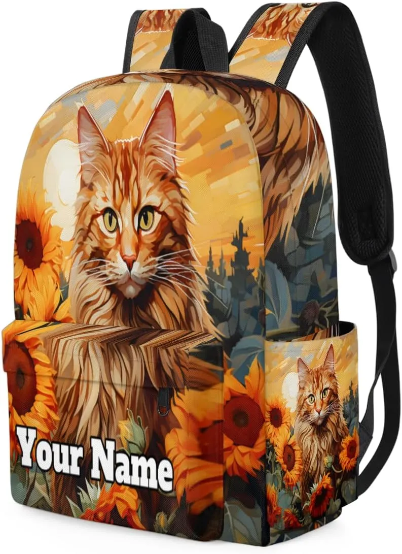 Personalized Cat Preschool Toddler Backpack for Boys Girls Custom Kids Name Small Bookbags Kindergarten Elementary Backpack, Cat Sunflower