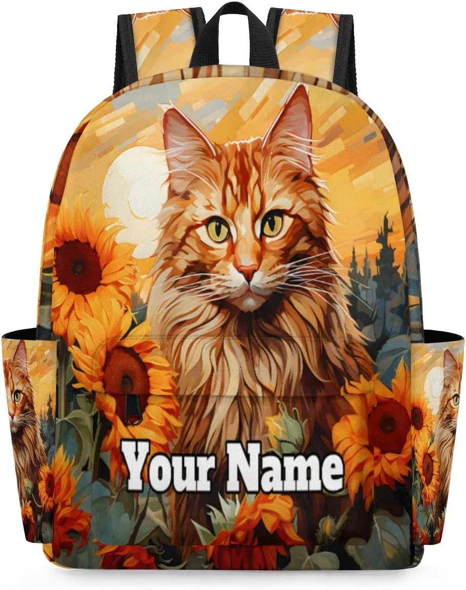 Personalized Cat Preschool Toddler Backpack for Boys Girls Custom Kids Name Small Bookbags Kindergarten Elementary Backpack, Cat Sunflower