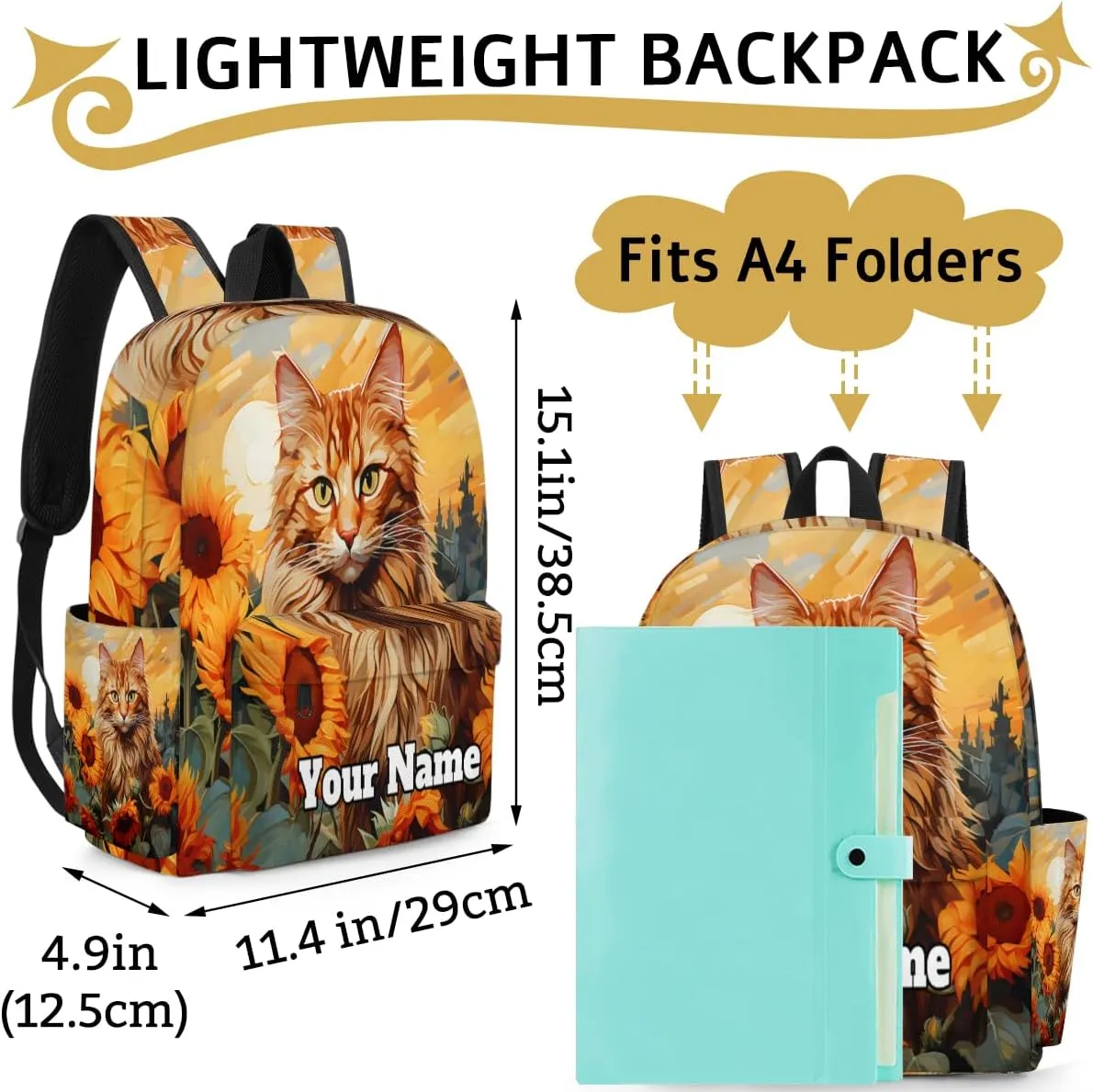 Personalized Cat Preschool Toddler Backpack for Boys Girls Custom Kids Name Small Bookbags Kindergarten Elementary Backpack, Cat Sunflower