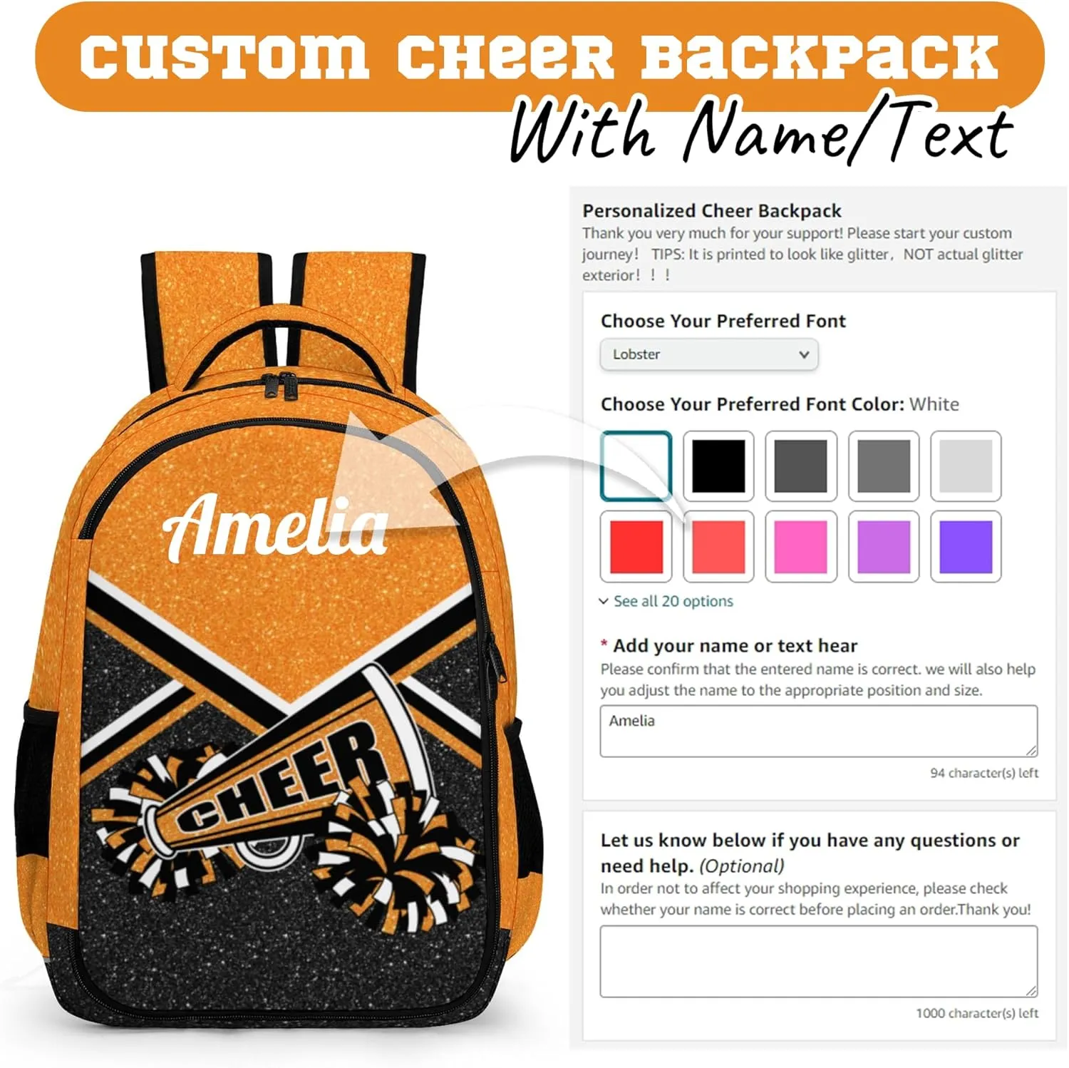 Personalized Cheer Backpack with Name, Custom Cheerleader Backpack, Customize Cheerleading Backpack for Women (Orange)