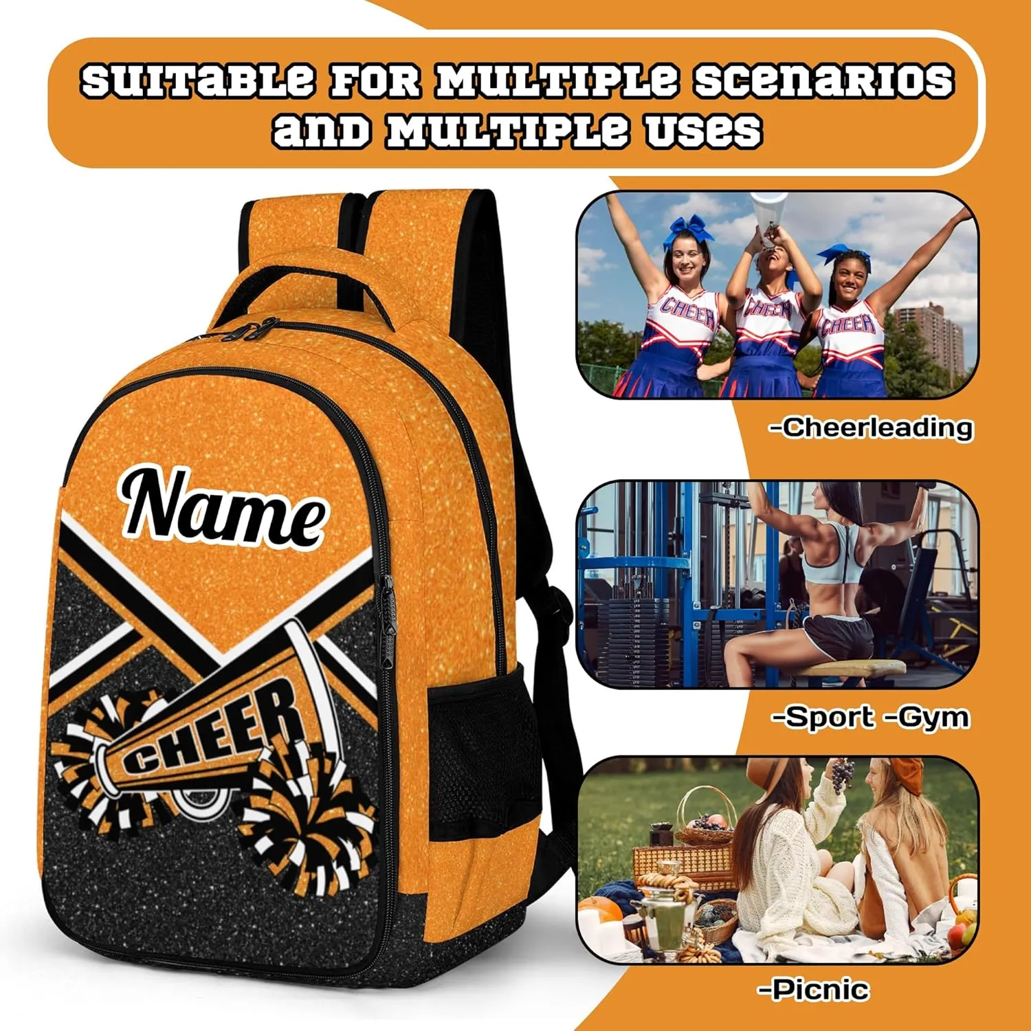 Personalized Cheer Backpack with Name, Custom Cheerleader Backpack, Customize Cheerleading Backpack for Women (Orange)