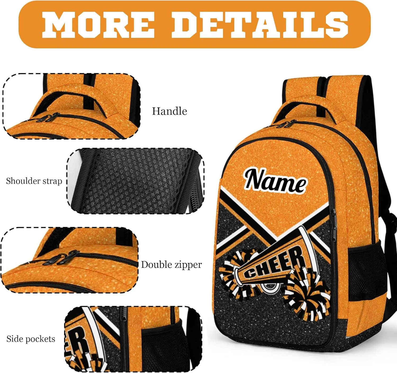 Personalized Cheer Backpack with Name, Custom Cheerleader Backpack, Customize Cheerleading Backpack for Women (Orange)
