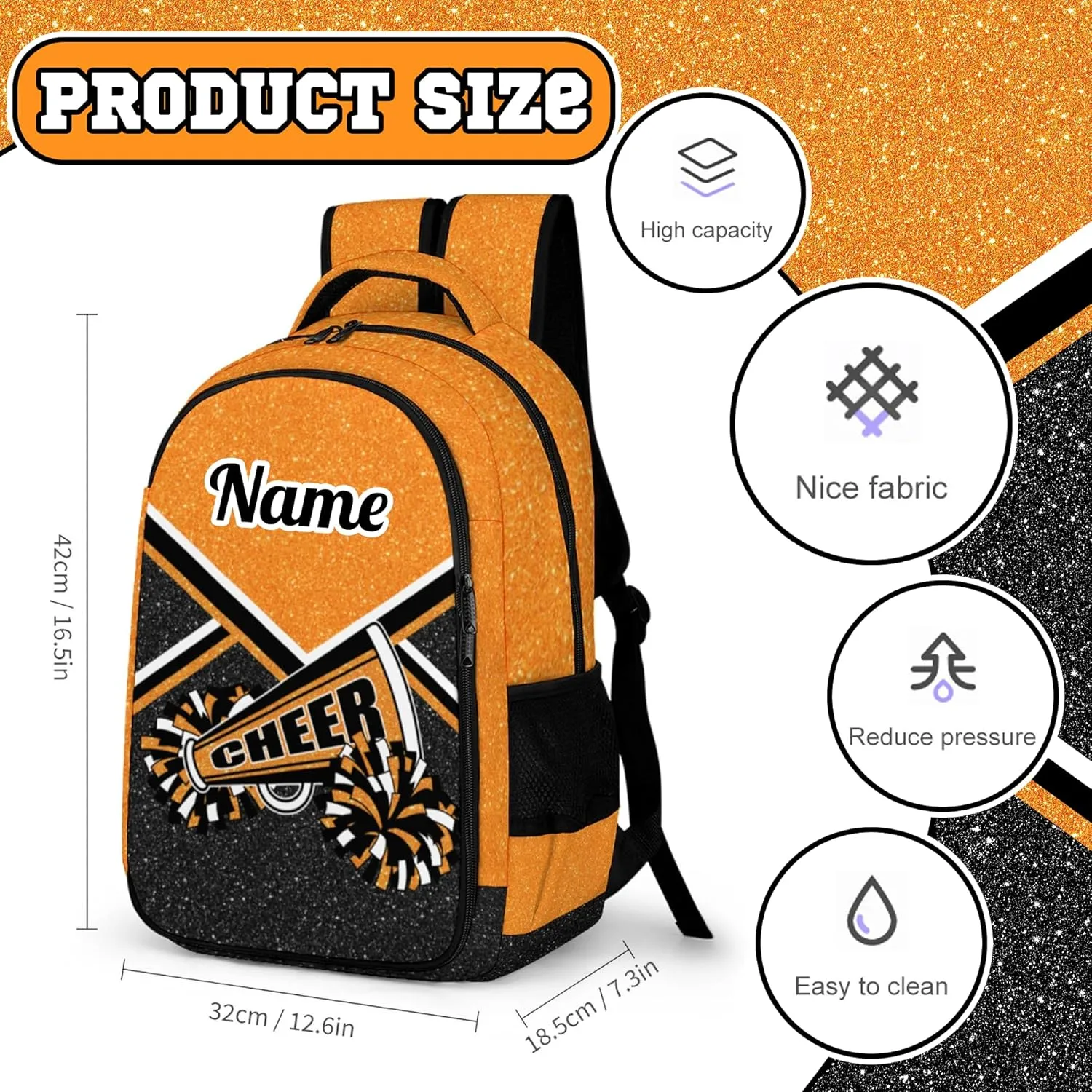 Personalized Cheer Backpack with Name, Custom Cheerleader Backpack, Customize Cheerleading Backpack for Women (Orange)