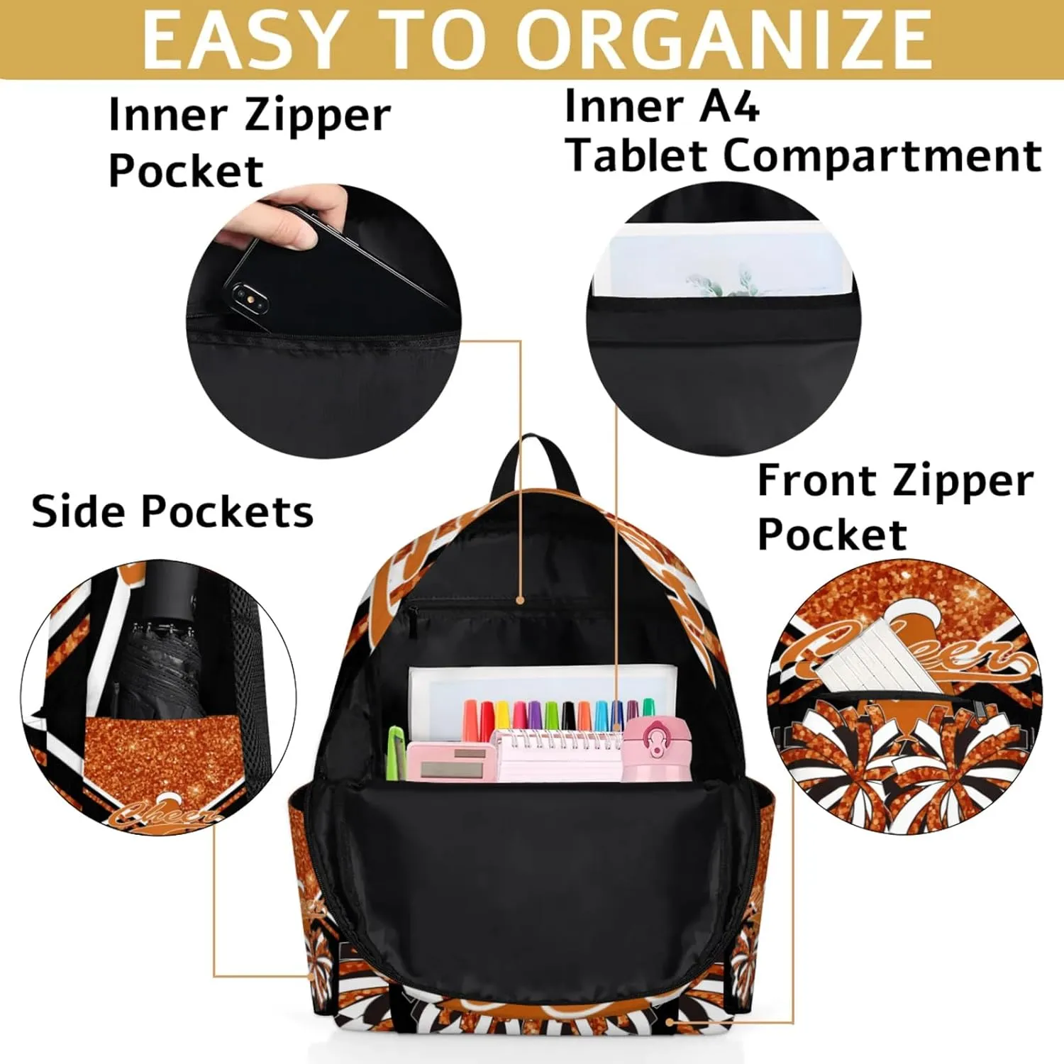 Personalized Cheer Bag Name Backpack Bags for Women Men, Custom Large Capacity Waterproof Cheerleading Shoulder Bags, Casual Daypack, Dark Orange Glitter Cheerleader
