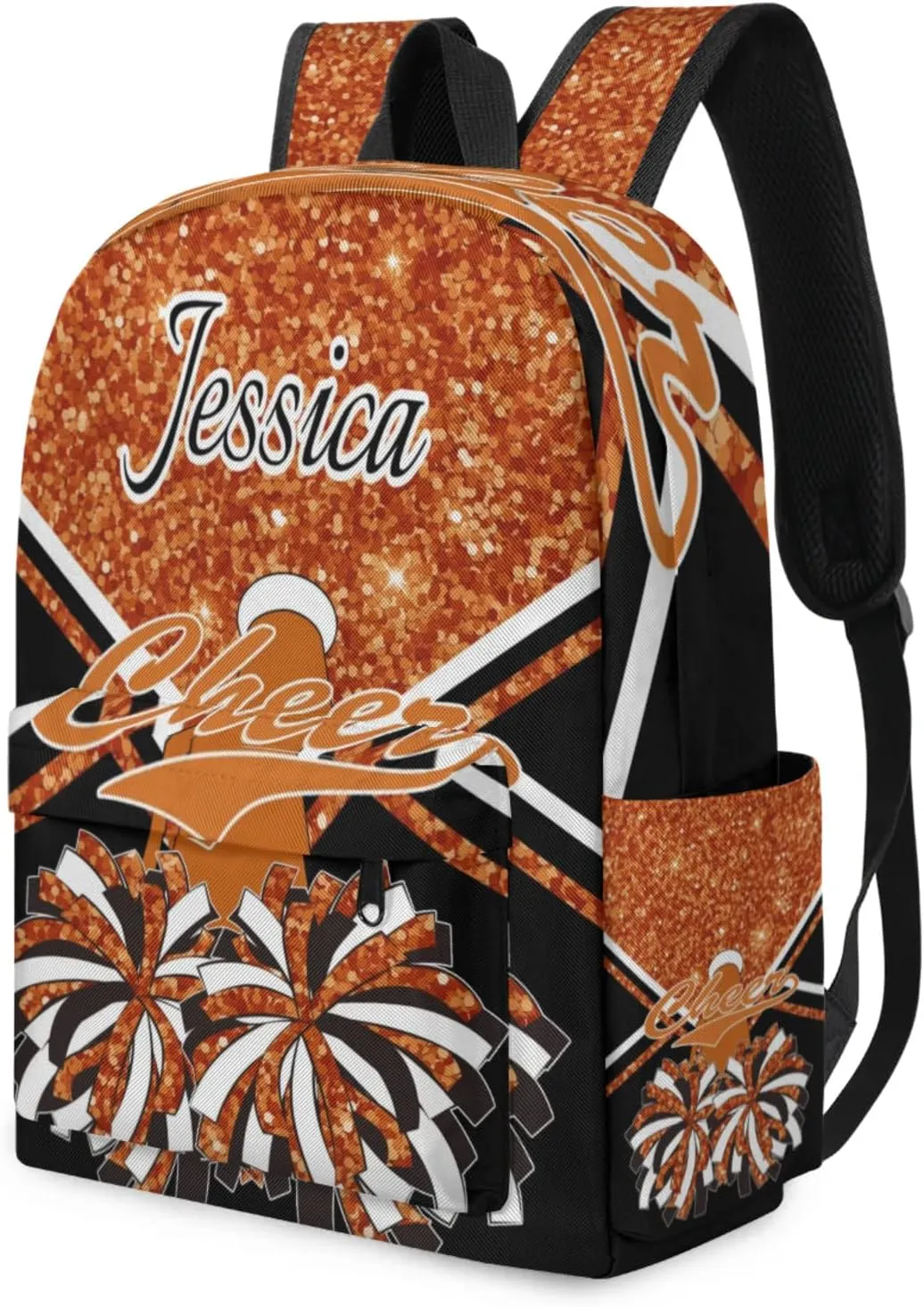 Personalized Cheer Bag Name Backpack Bags for Women Men, Custom Large Capacity Waterproof Cheerleading Shoulder Bags, Casual Daypack, Dark Orange Glitter Cheerleader